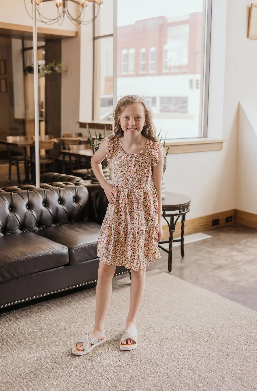 CAYLIN GIRLS FLORAL RUFFLE SLEEVE DRESS