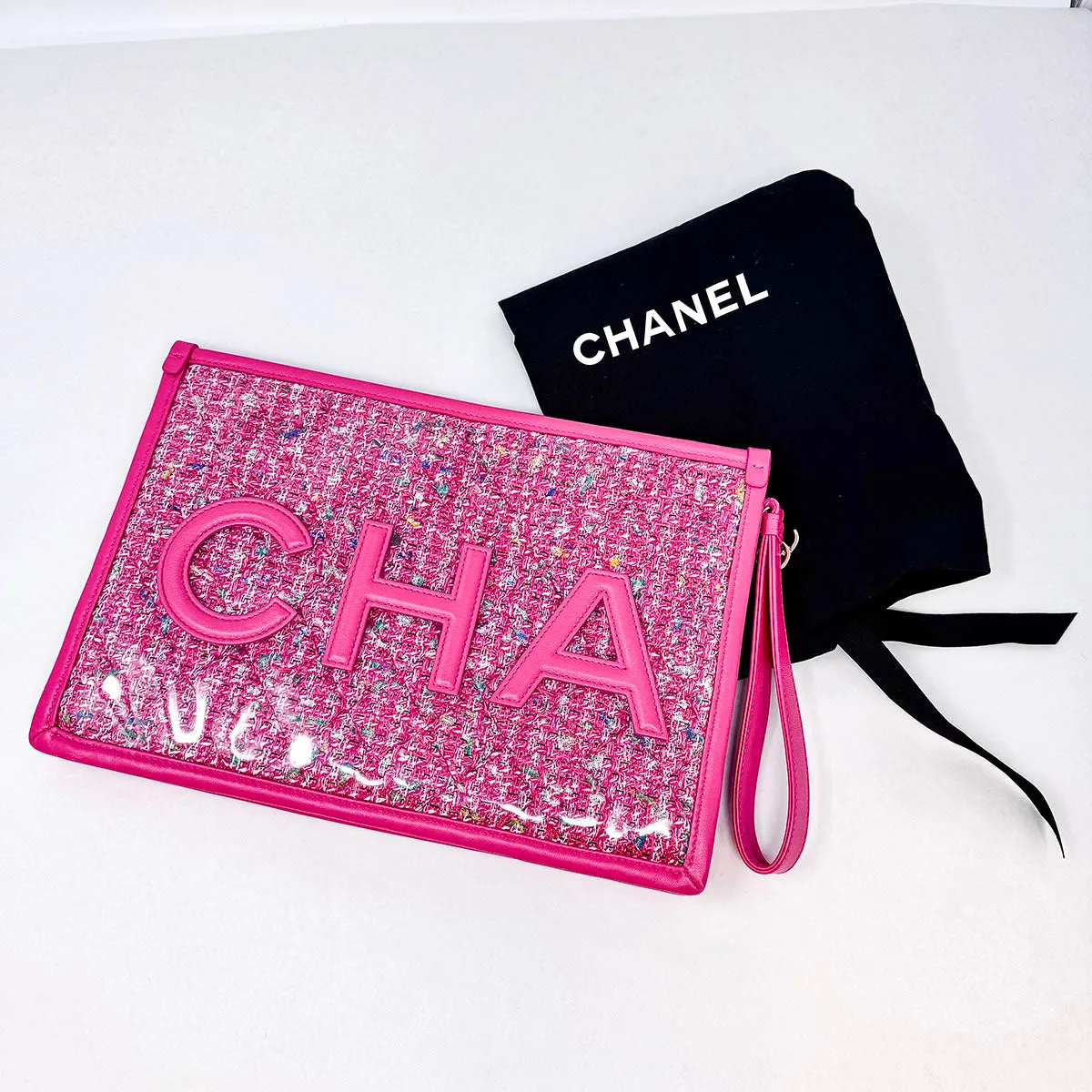 Chanel Tweed PVC Wristlet Pouch Clutch
