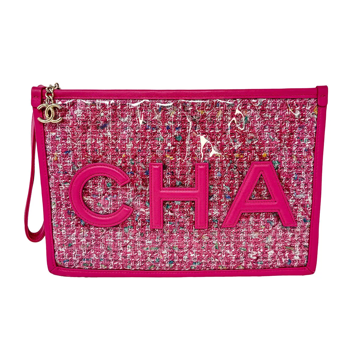 Chanel Tweed PVC Wristlet Pouch Clutch