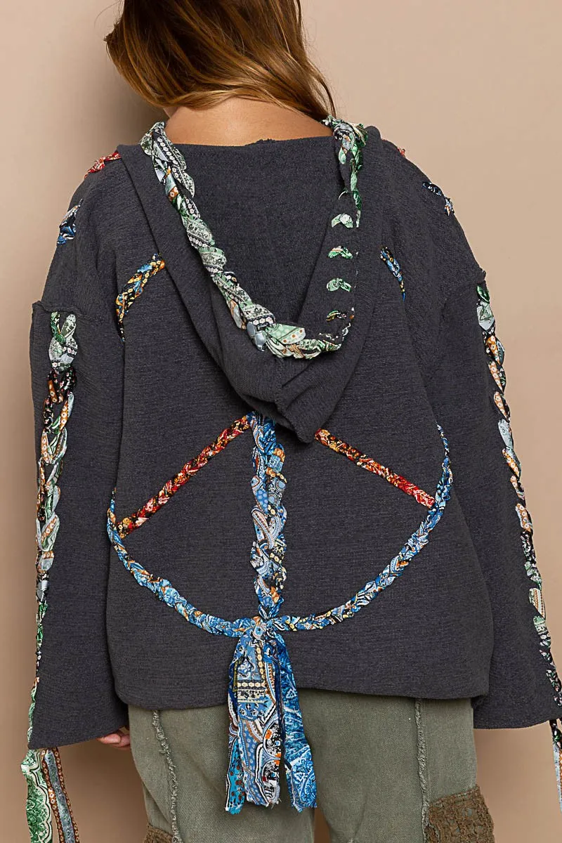 Charcoal Artistic Colored Thread Peace Back Solid POL Sweater 7/25/24 7652