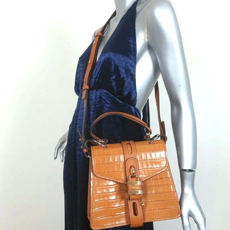 Chloe Small Aby Day Bag Autumnal Brown Croc-Embossed Leather Crossbody Tote NEW