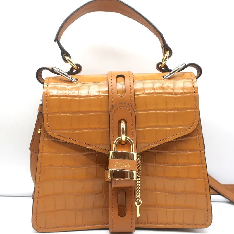 Chloe Small Aby Day Bag Autumnal Brown Croc-Embossed Leather Crossbody Tote NEW