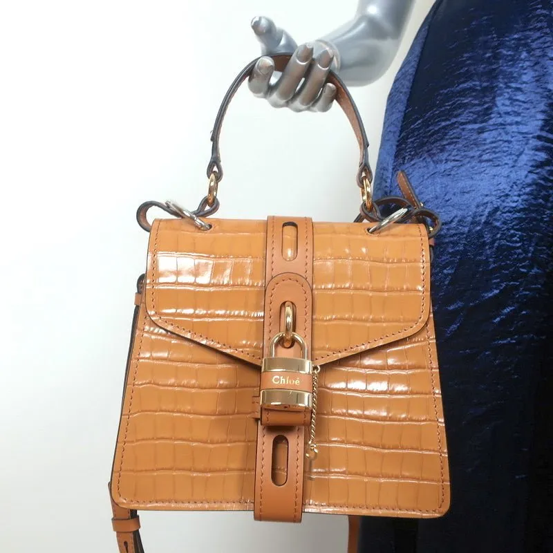 Chloe Small Aby Day Bag Autumnal Brown Croc-Embossed Leather Crossbody Tote NEW