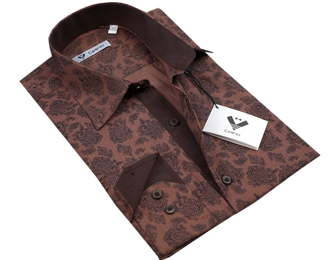 Chocolate Brown Paisley Mens Slim Fit Designer Dress Shirt - tailored Cotton Shirts for Work and