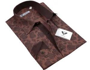 Chocolate Brown Paisley Mens Slim Fit Designer Dress Shirt - tailored Cotton Shirts for Work and