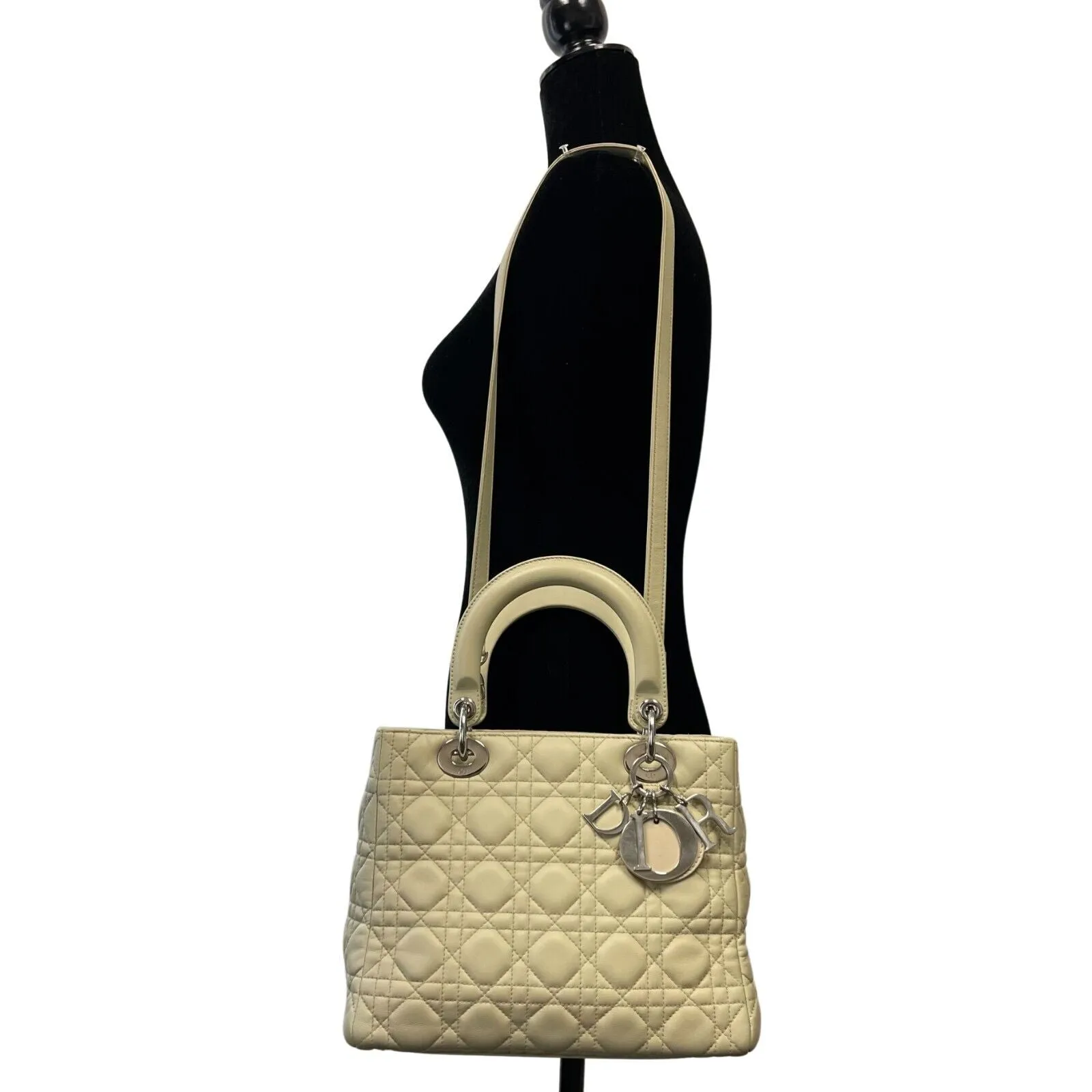 Christian Dior - Medium Lady Dior in Beige Cannage Leather Top Handle w/ Strap