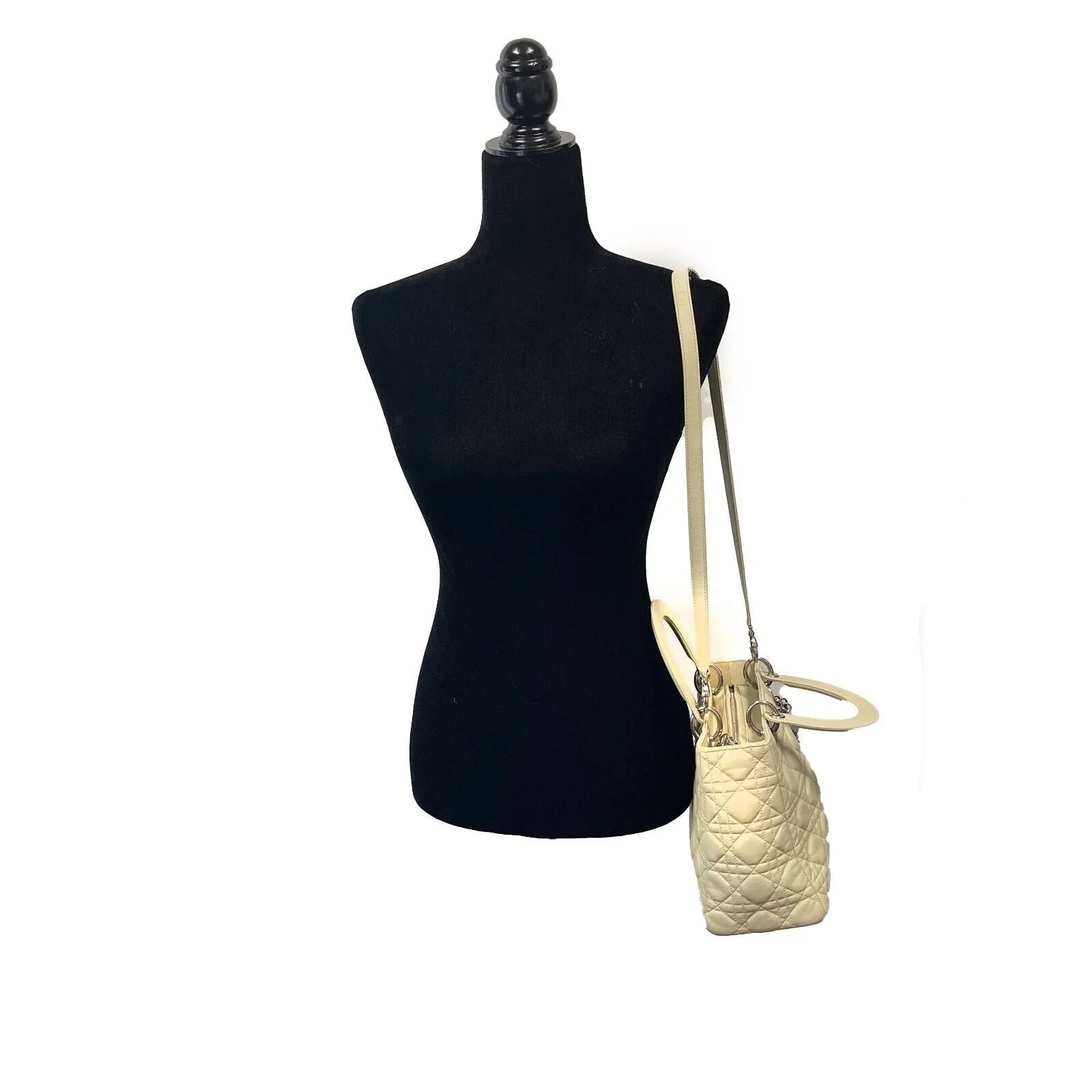 Christian Dior - Medium Lady Dior in Beige Cannage Leather Top Handle w/ Strap