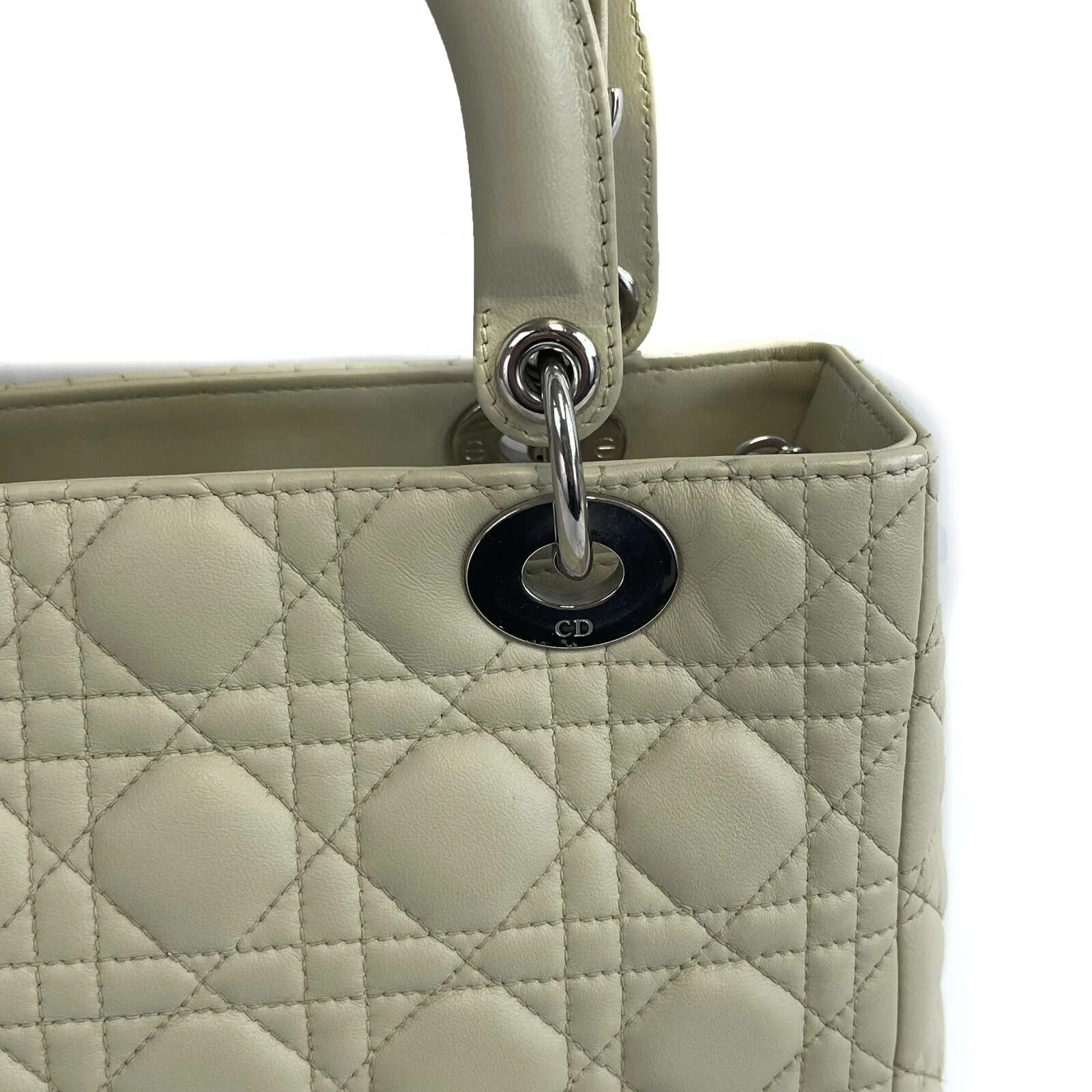 Christian Dior - Medium Lady Dior in Beige Cannage Leather Top Handle w/ Strap