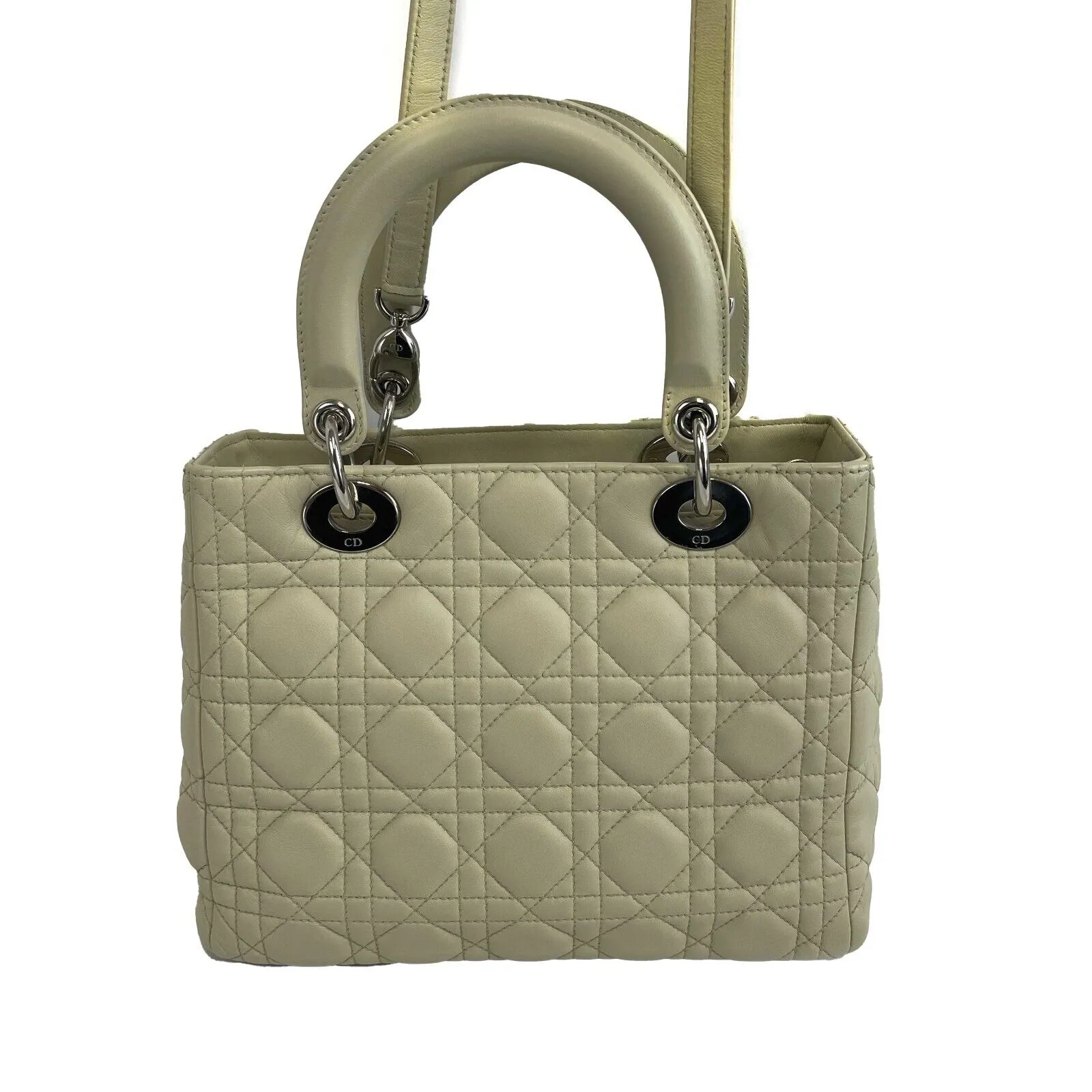 Christian Dior - Medium Lady Dior in Beige Cannage Leather Top Handle w/ Strap