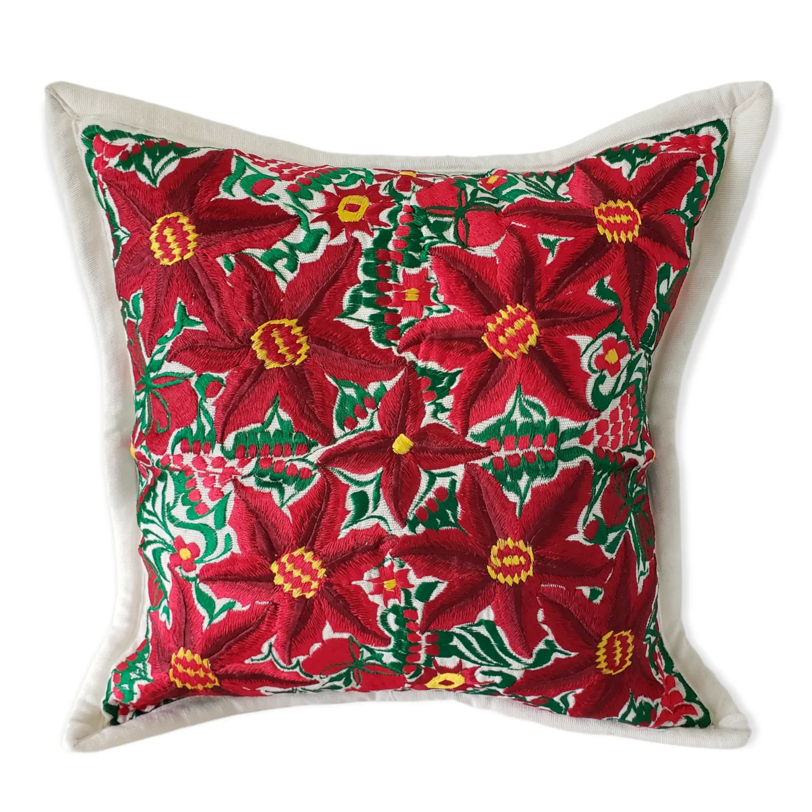 Christmas Pillow Cover Oaxaca Handmade Embroidered Poinsettia Noche Buena
