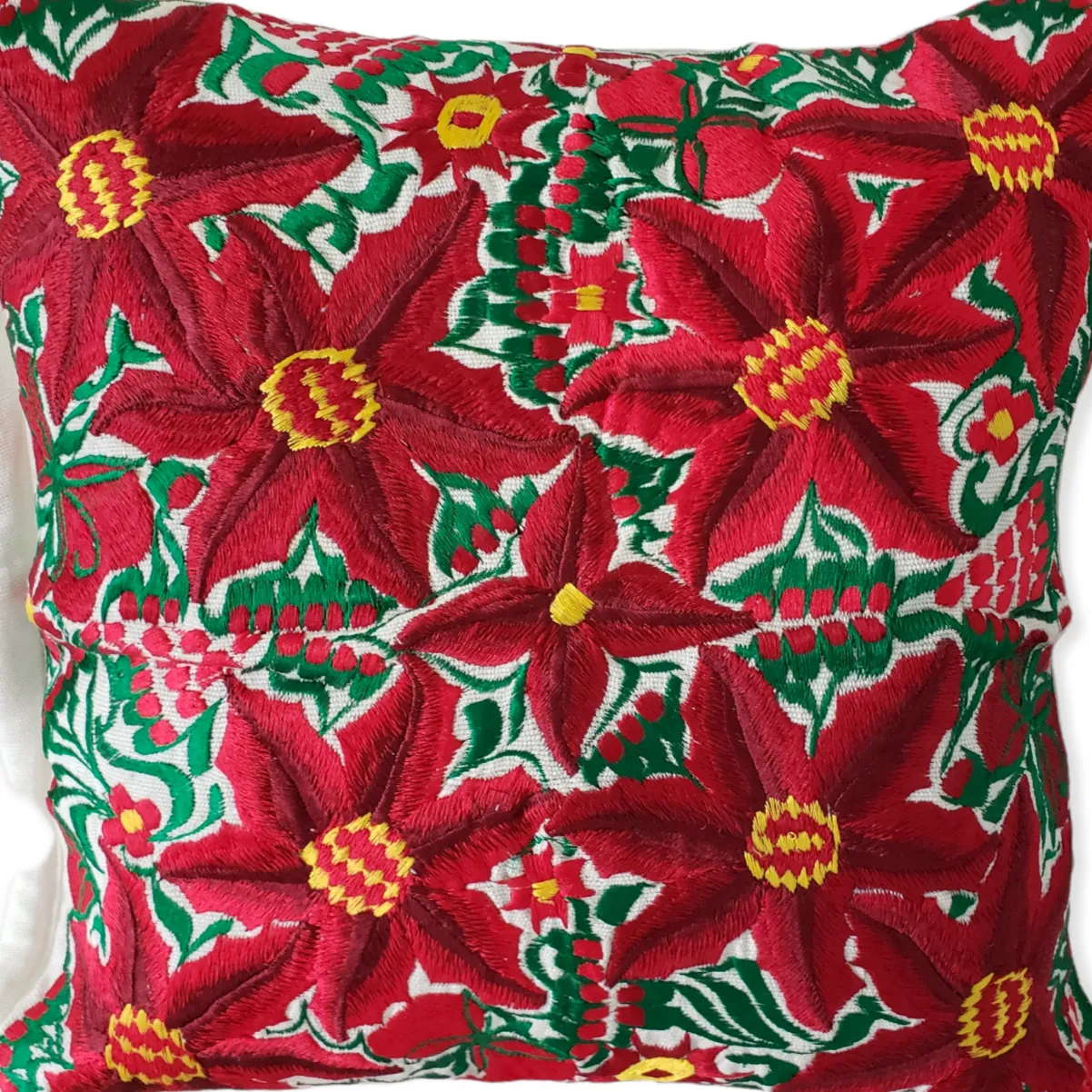 Christmas Pillow Cover Oaxaca Handmade Embroidered Poinsettia Noche Buena