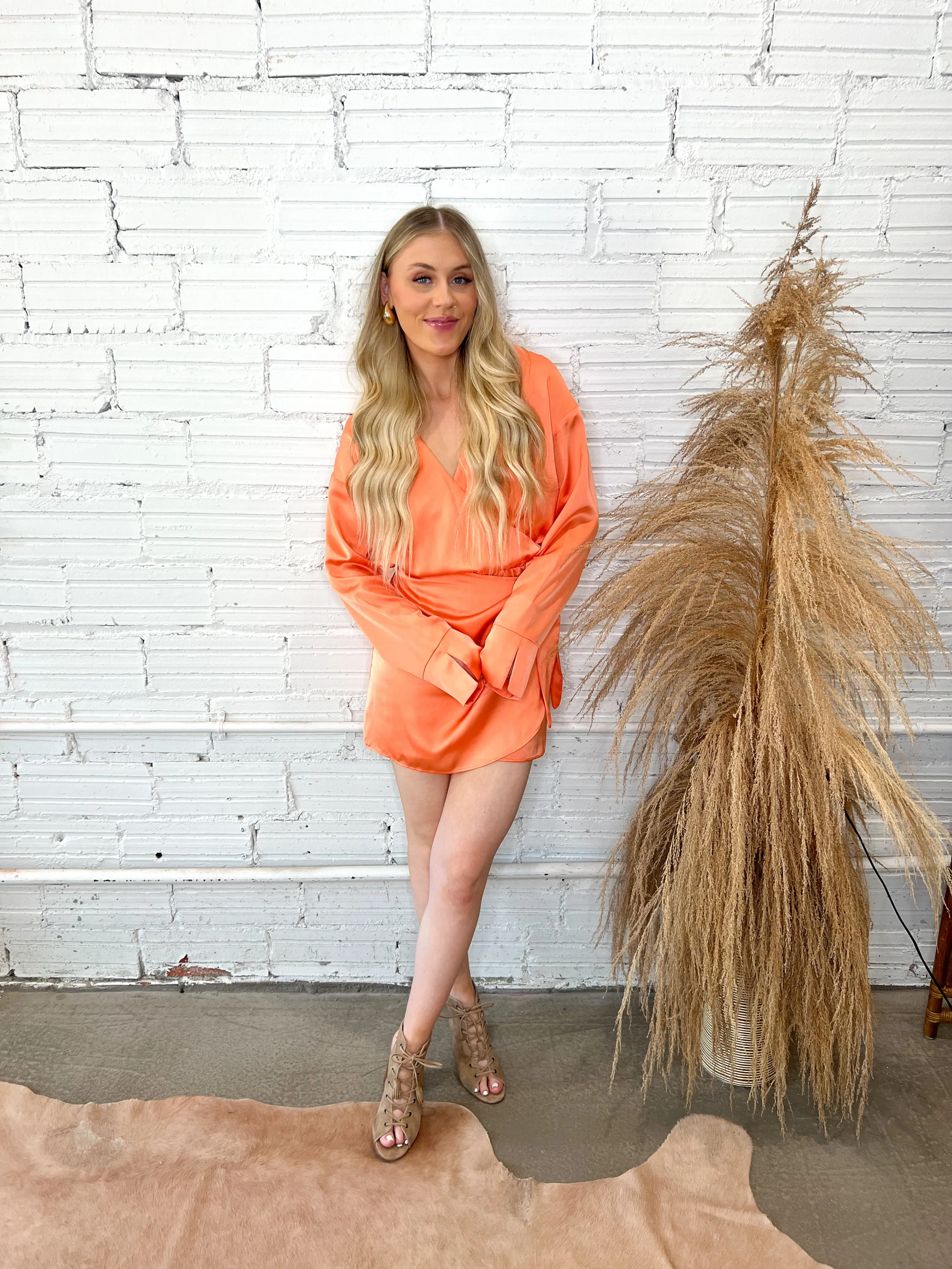 Clara Collared Mini Dress- Cantaloupe Luxe Satin