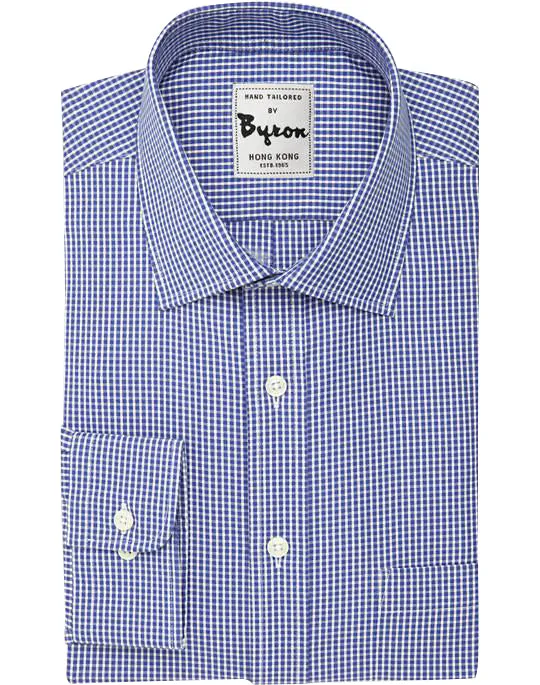 Cobalt Blue Micro Check Shirt, Medium Spread Collar, Angled Cuff