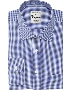 Cobalt Blue Micro Check Shirt, Medium Spread Collar, Angled Cuff