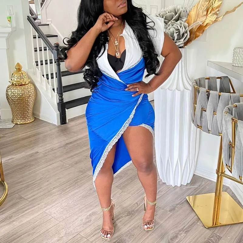 Colorblock Short Sleeve Deep V-Neck Irregular Dress