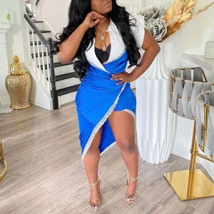 Colorblock Short Sleeve Deep V-Neck Irregular Dress