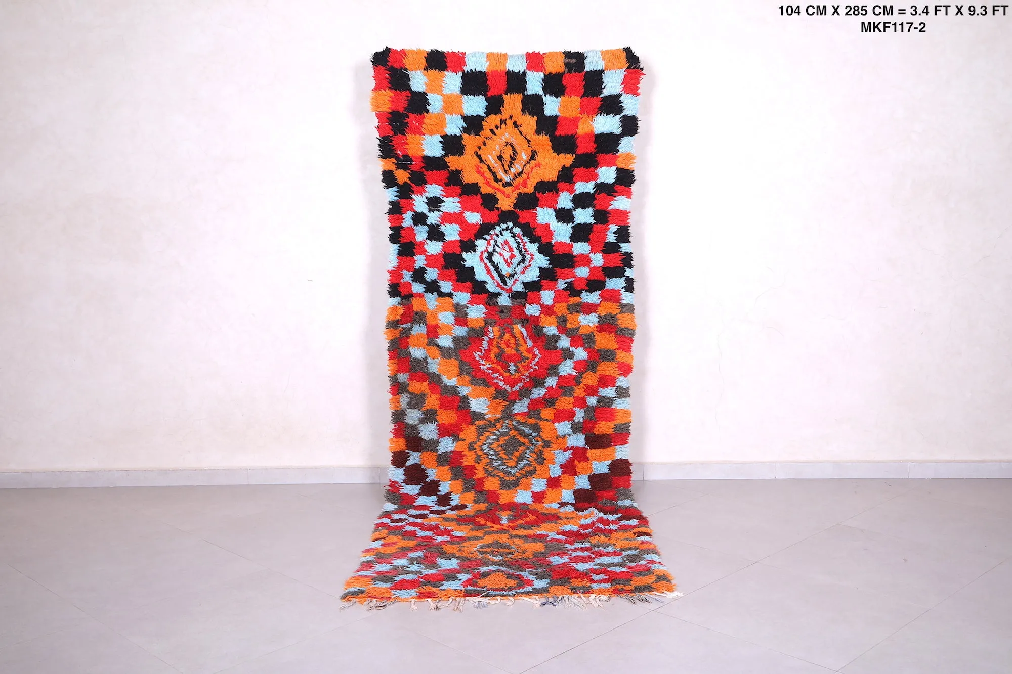Colorful handmade runner rug 3.4 X 9.3 Feet