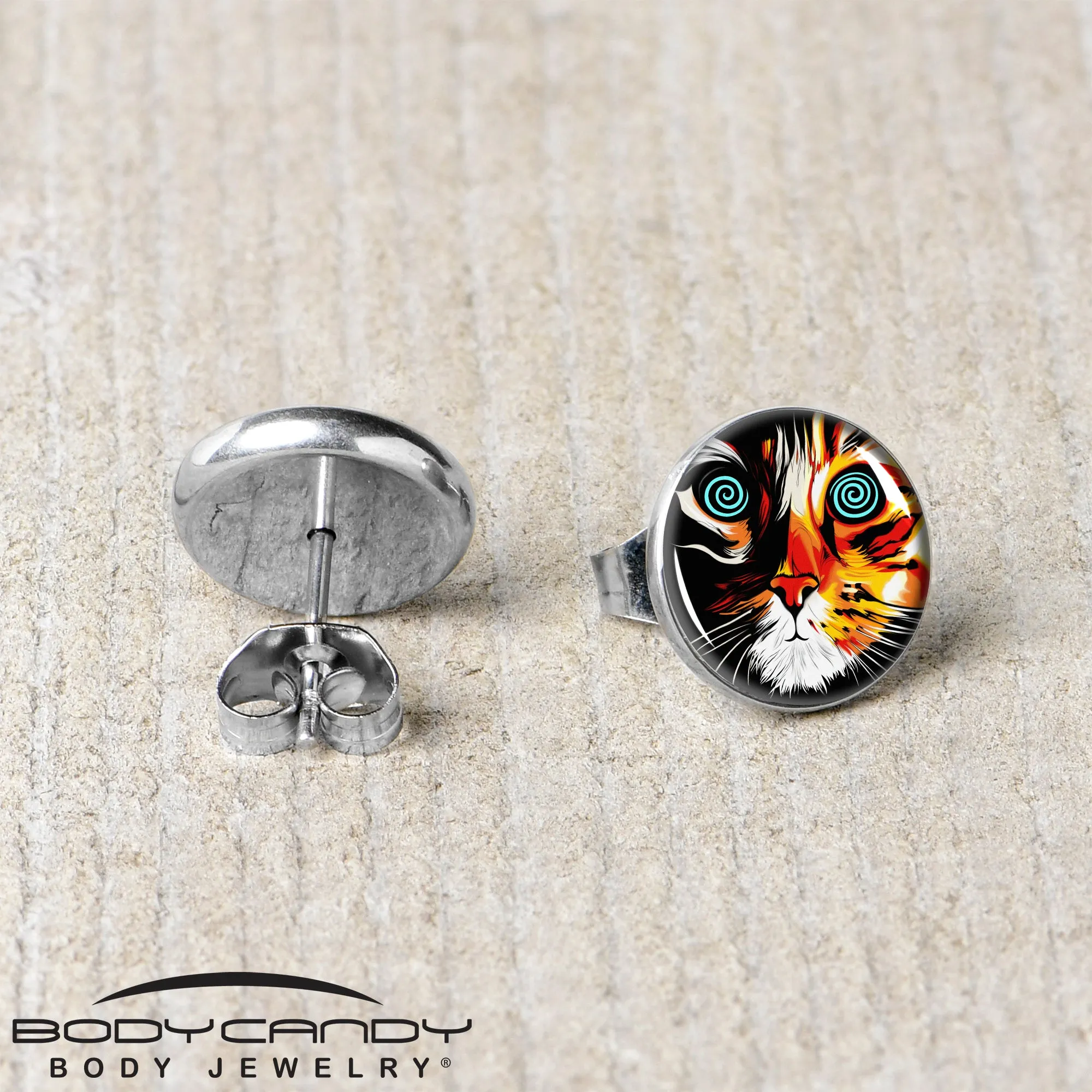 Colorful Trippy Cat Stud Earrings