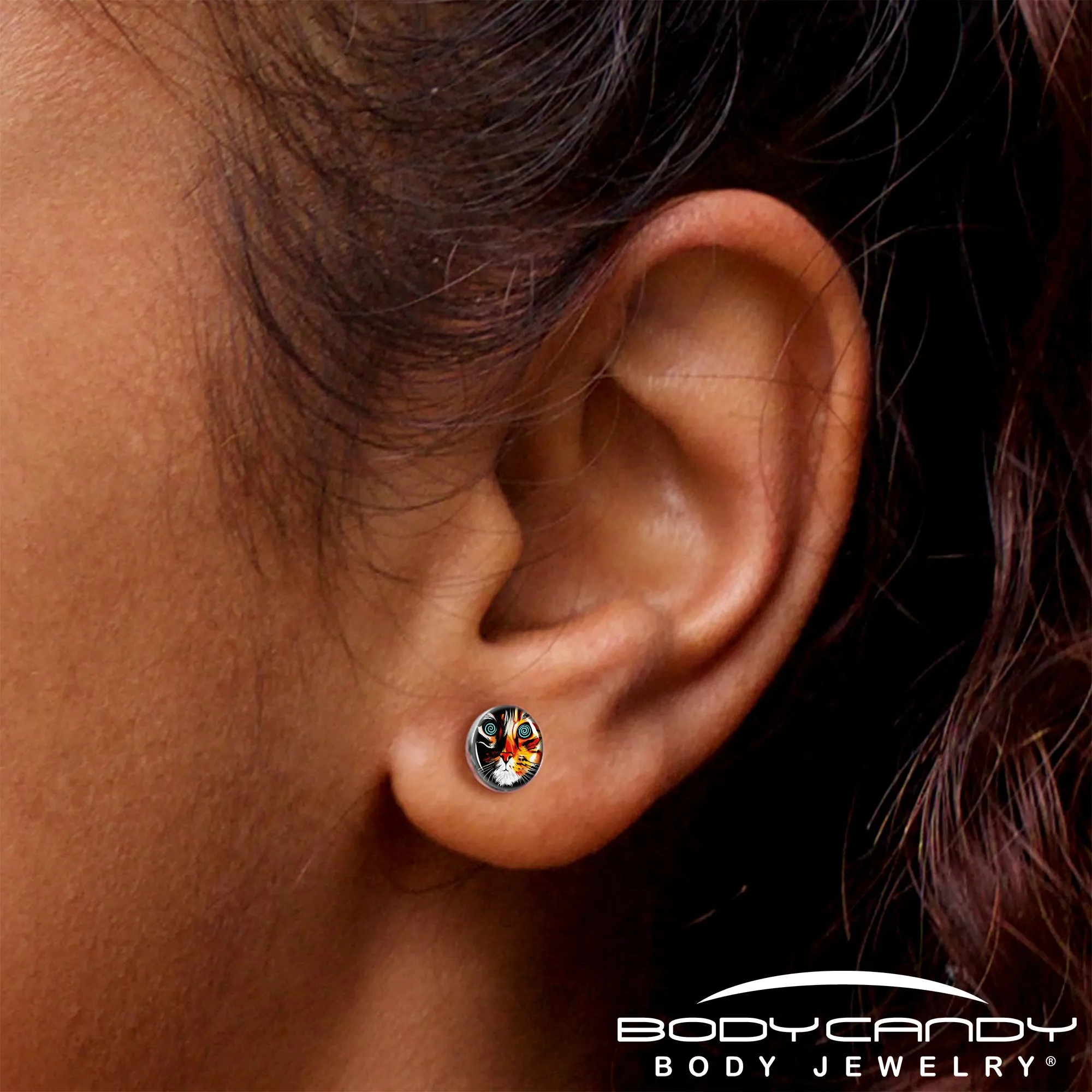 Colorful Trippy Cat Stud Earrings