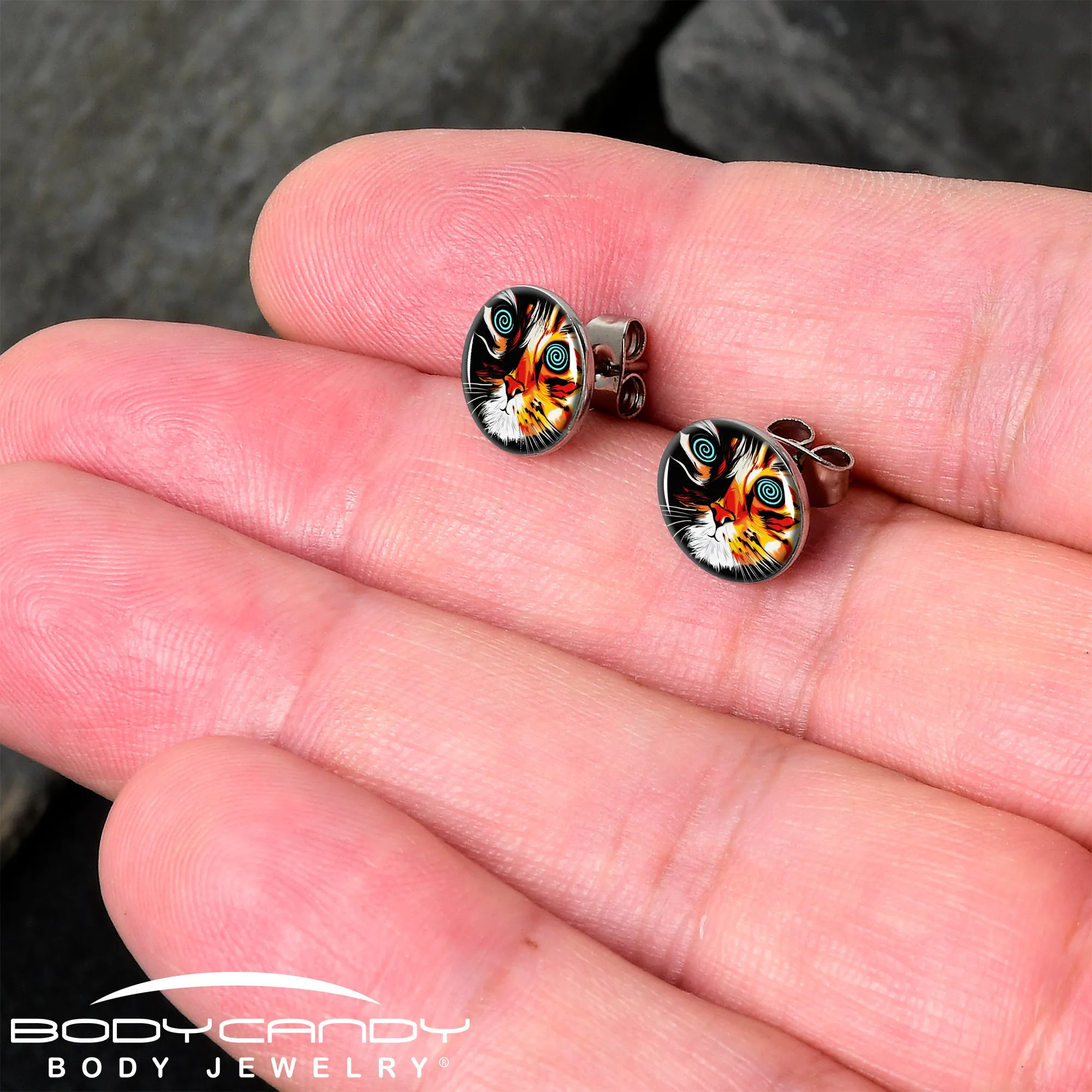 Colorful Trippy Cat Stud Earrings