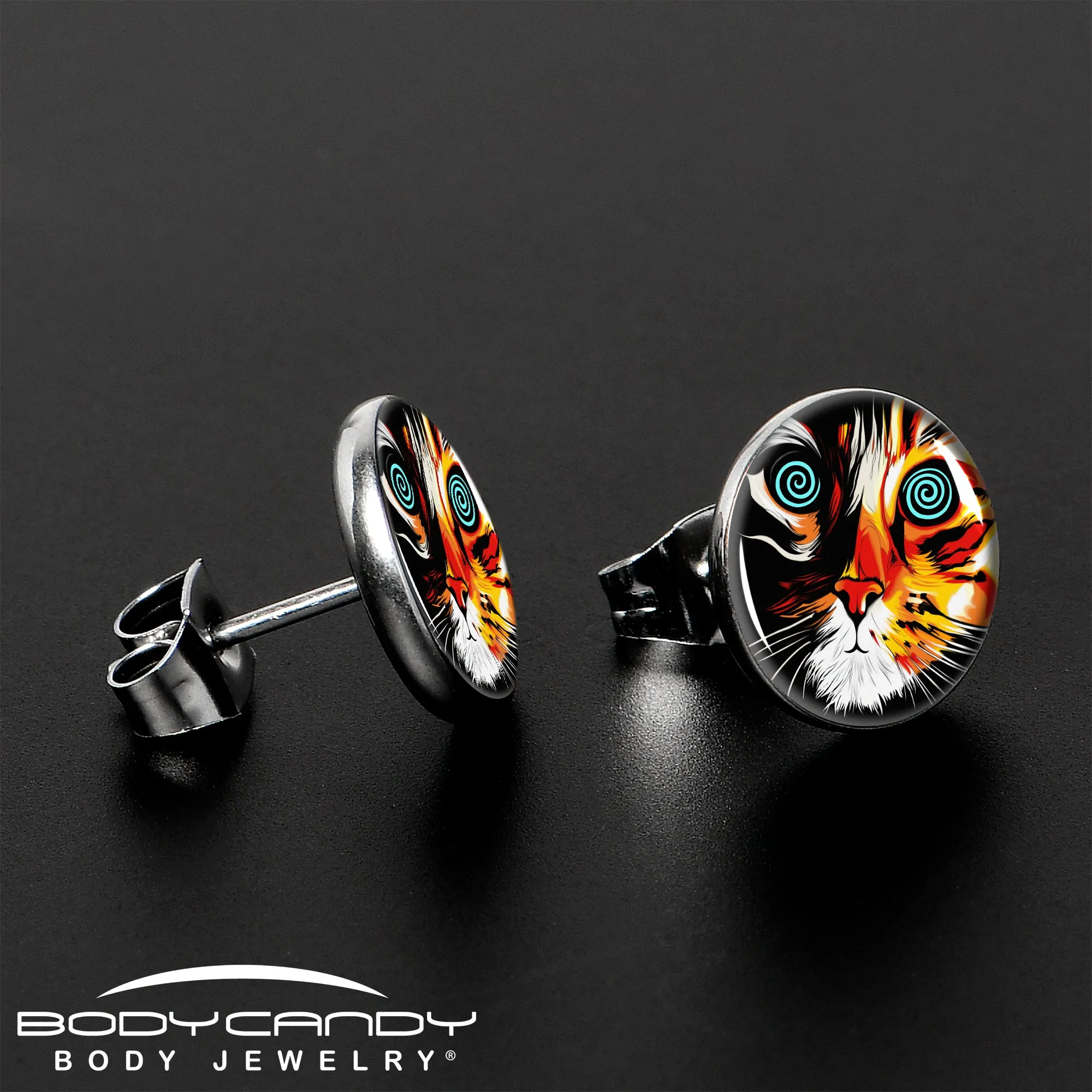 Colorful Trippy Cat Stud Earrings