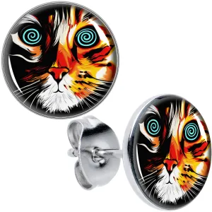 Colorful Trippy Cat Stud Earrings