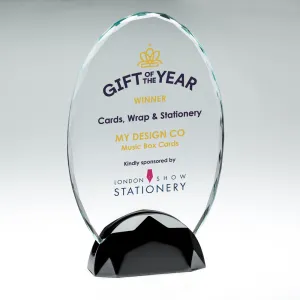 Colour Print Personalised Clear Glass Oval Plaque Award (10mm Thick) on Black Metal Base