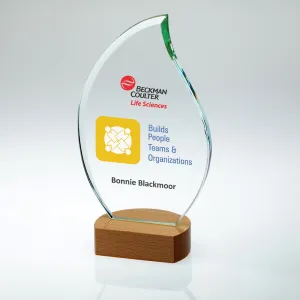 Colour Print Personalised Glass Flame Award on Wood Base