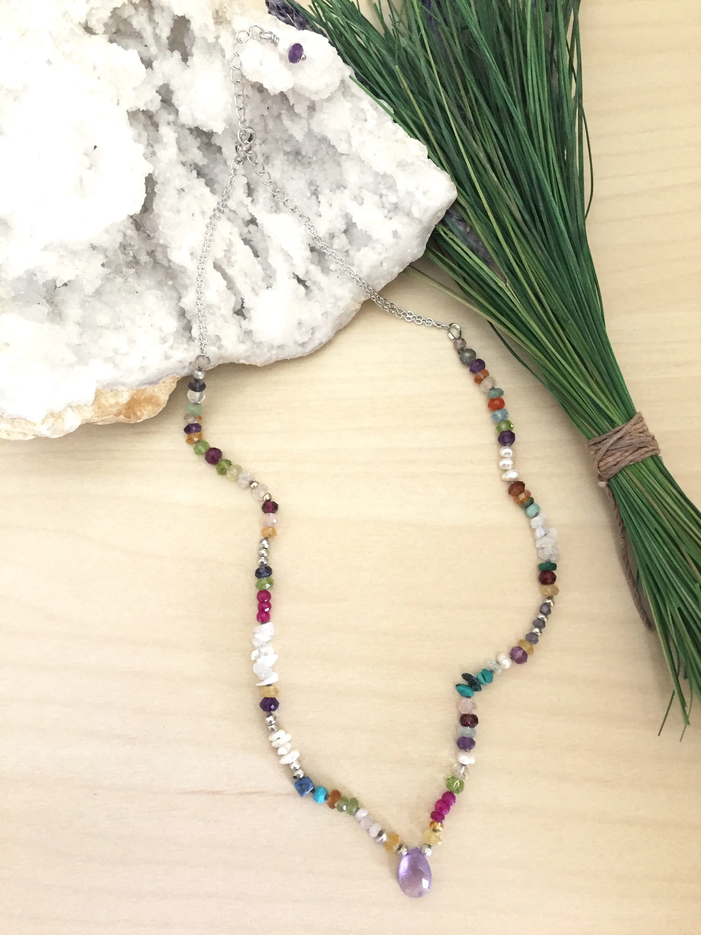 Colourful Handknotted Pearl & Gemstone Statement Necklace Adjustable 16 to 18 inches