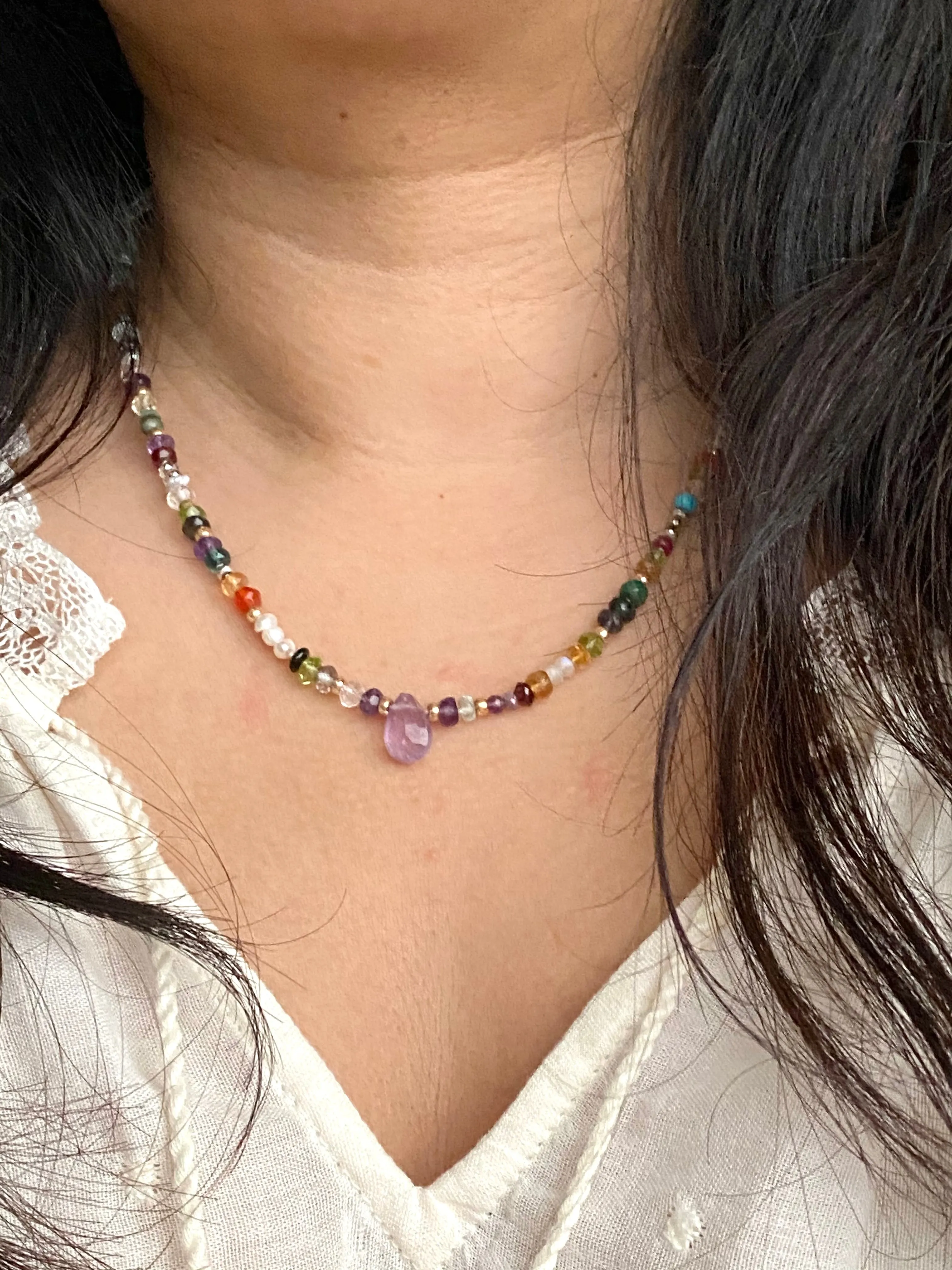 Colourful Handknotted Pearl & Gemstone Statement Necklace Adjustable 16 to 18 inches