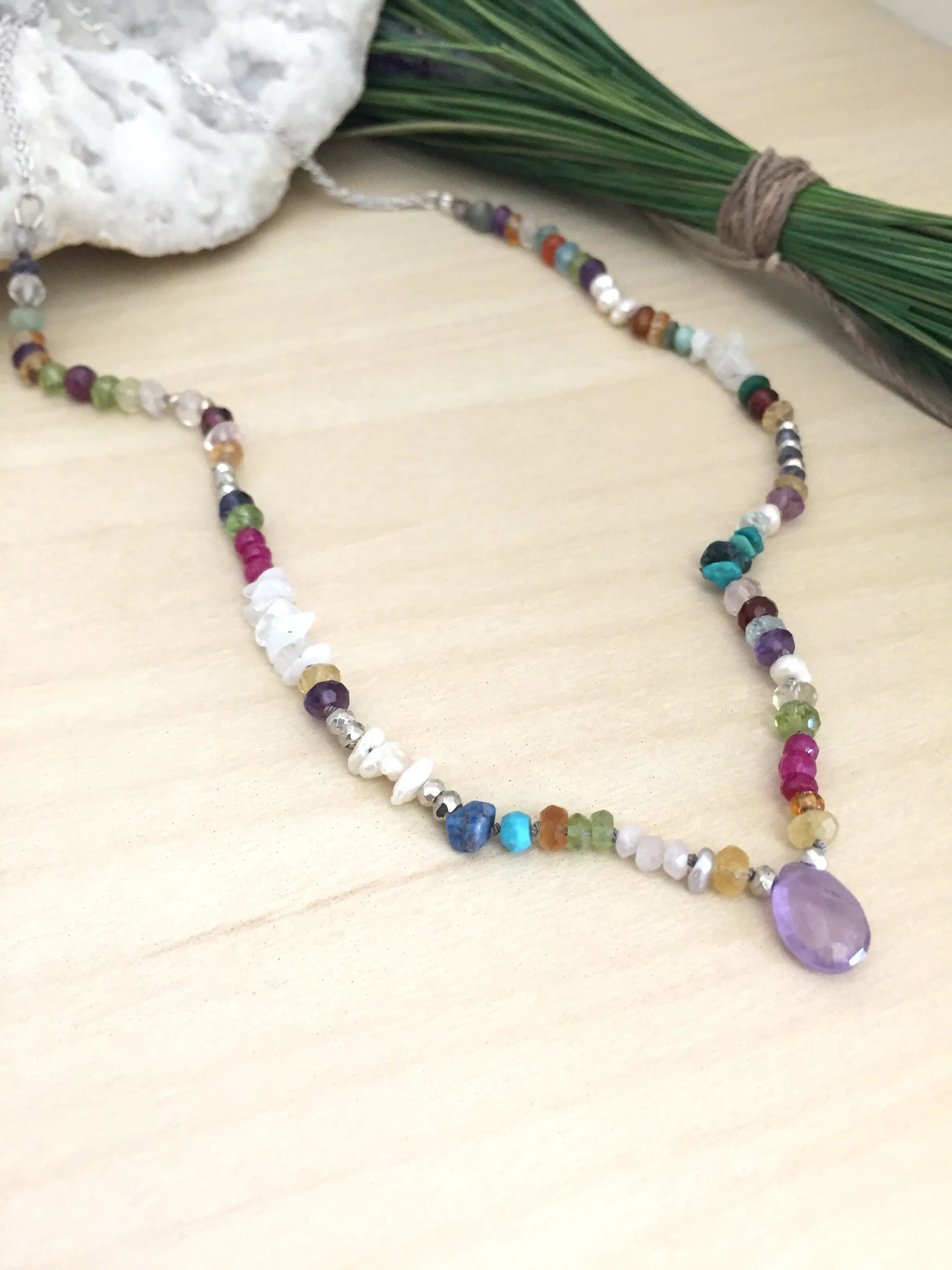 Colourful Handknotted Pearl & Gemstone Statement Necklace Adjustable 16 to 18 inches