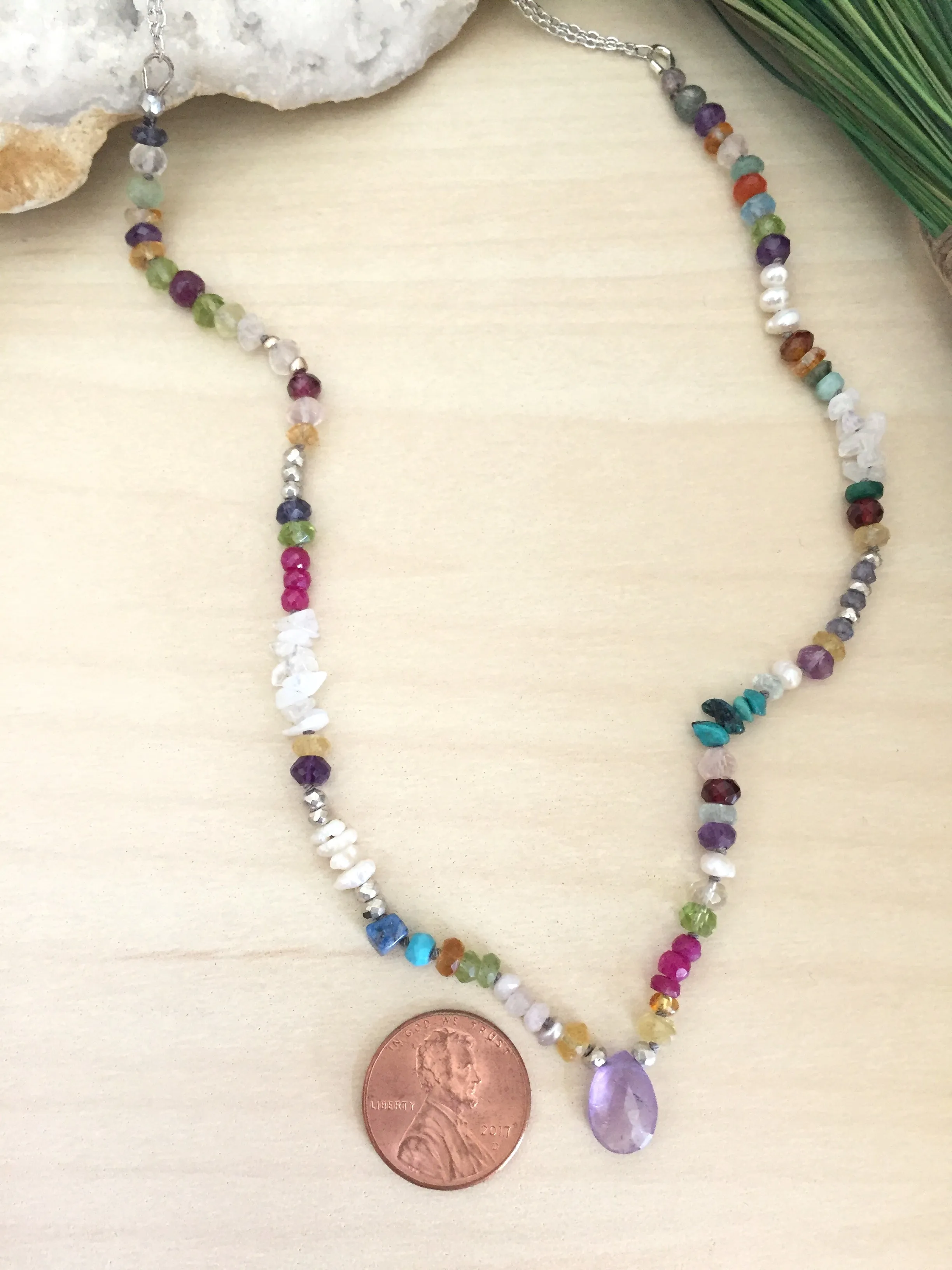 Colourful Handknotted Pearl & Gemstone Statement Necklace Adjustable 16 to 18 inches