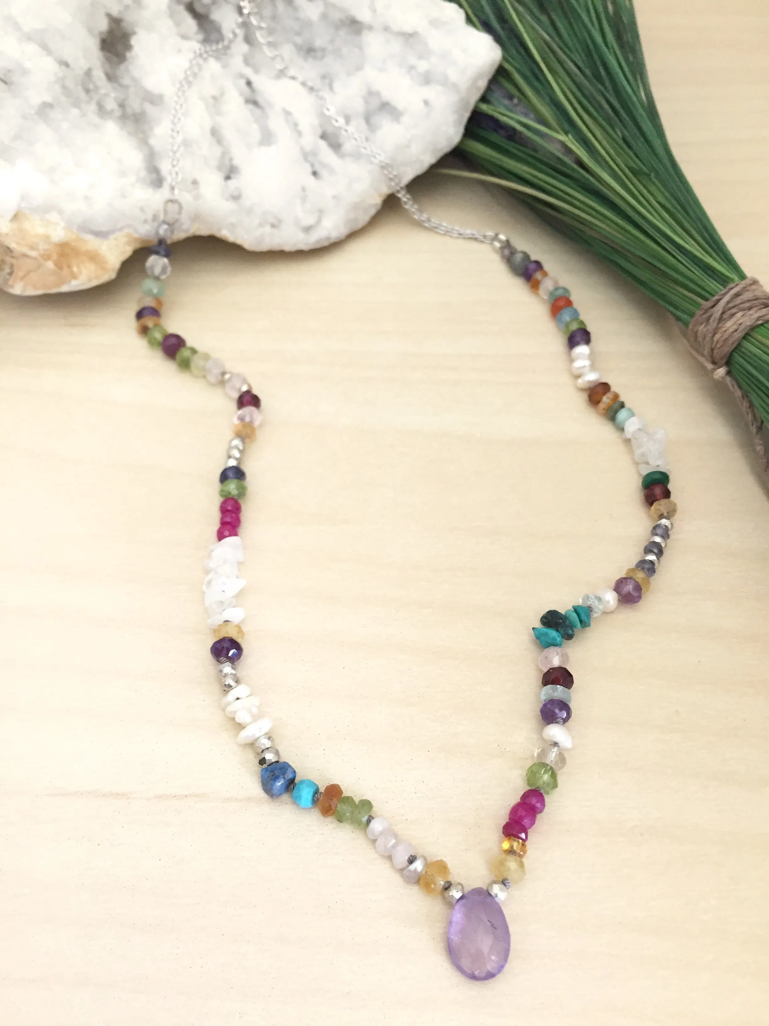 Colourful Handknotted Pearl & Gemstone Statement Necklace Adjustable 16 to 18 inches
