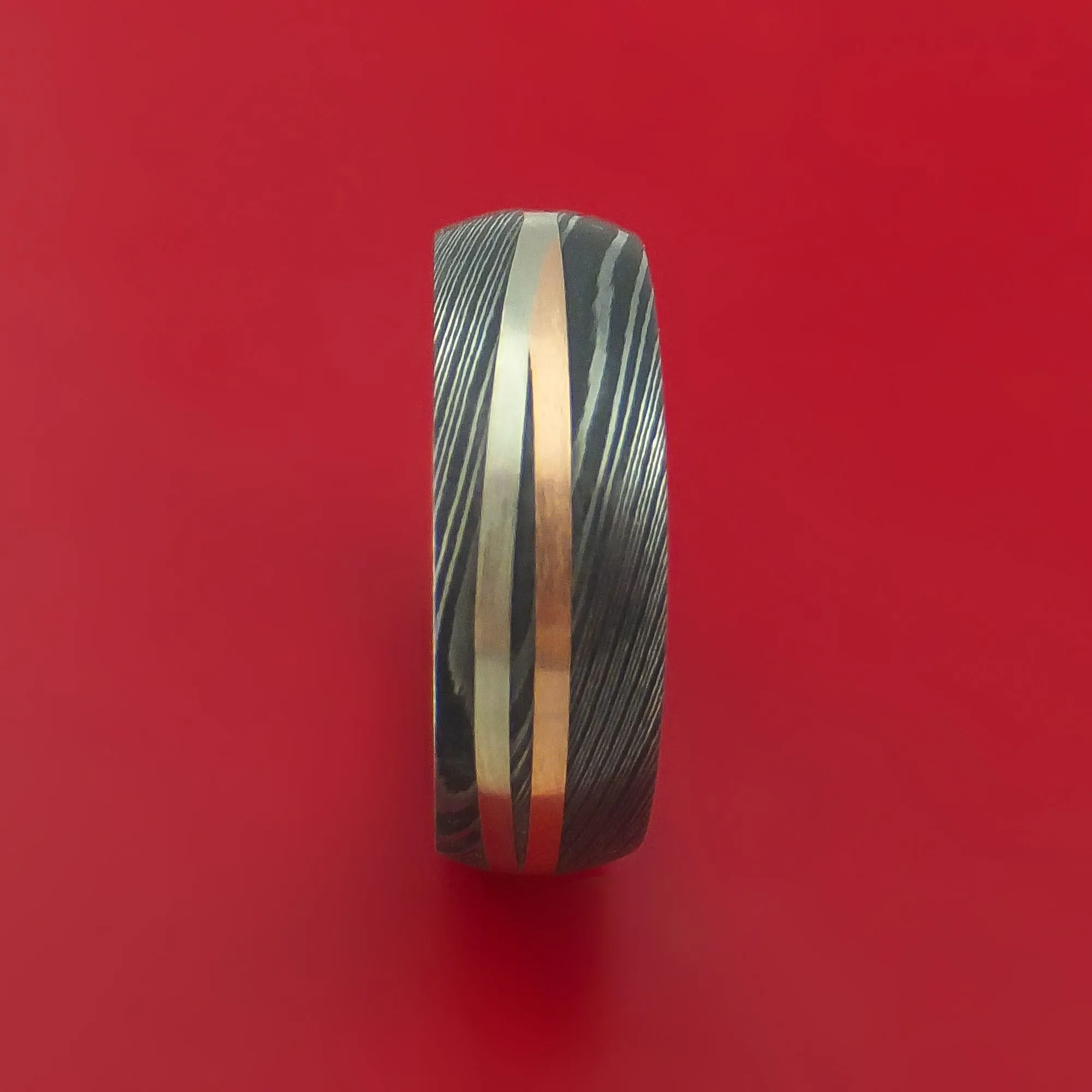 Damascus Steel Ring with 14k Rose Gold and 14k White Gold Inlays Custom Made Band