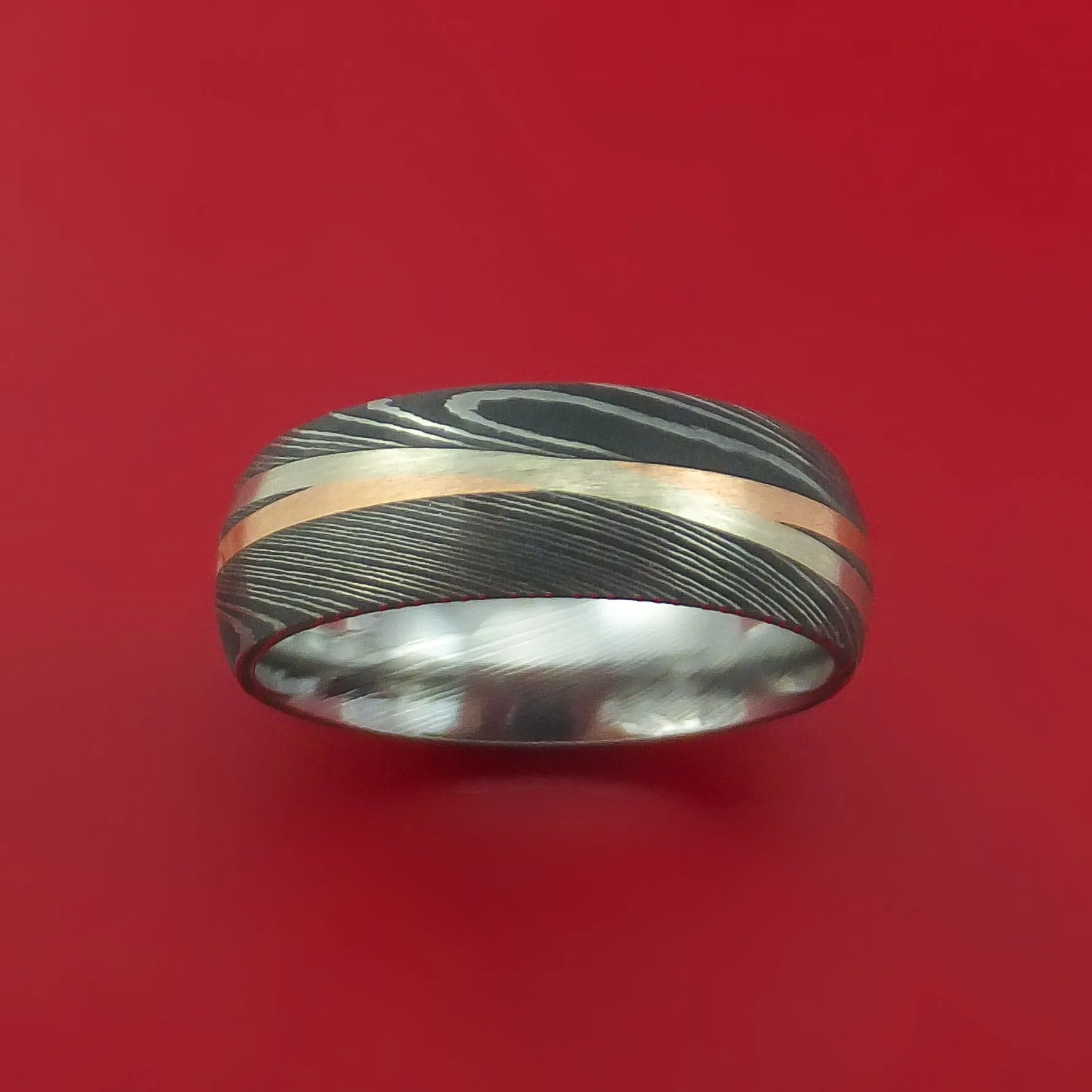 Damascus Steel Ring with 14k Rose Gold and 14k White Gold Inlays Custom Made Band