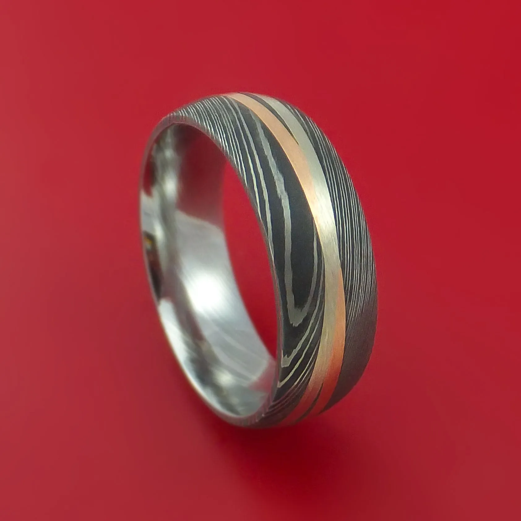 Damascus Steel Ring with 14k Rose Gold and 14k White Gold Inlays Custom Made Band