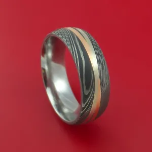 Damascus Steel Ring with 14k Rose Gold and 14k White Gold Inlays Custom Made Band