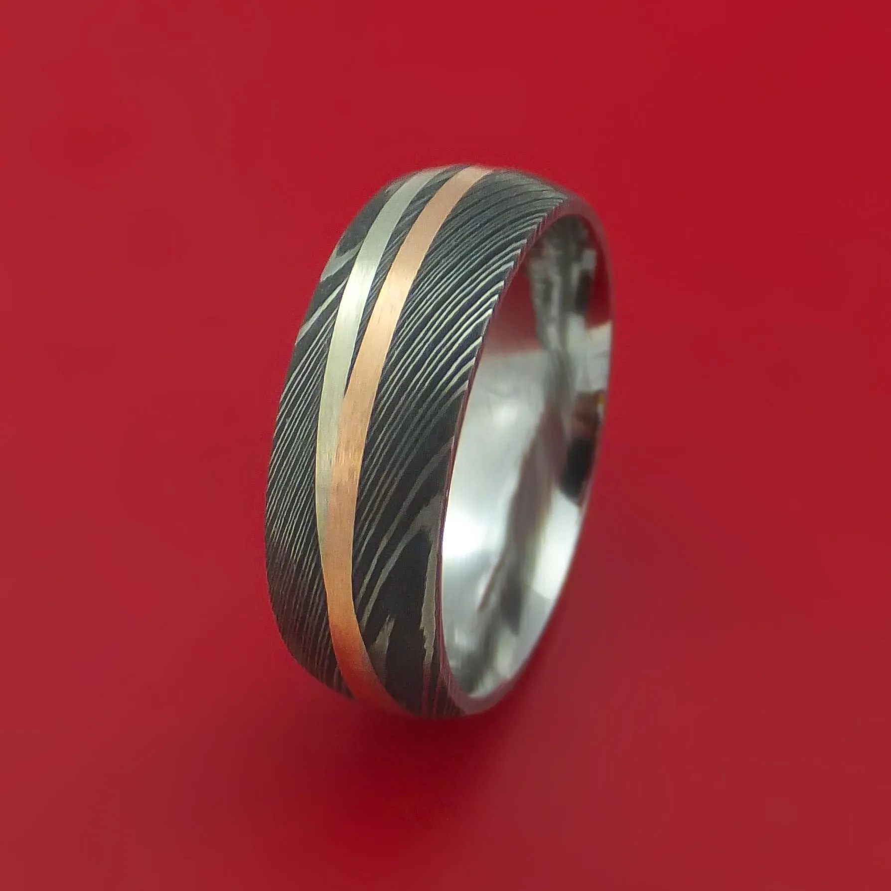 Damascus Steel Ring with 14k Rose Gold and 14k White Gold Inlays Custom Made Band