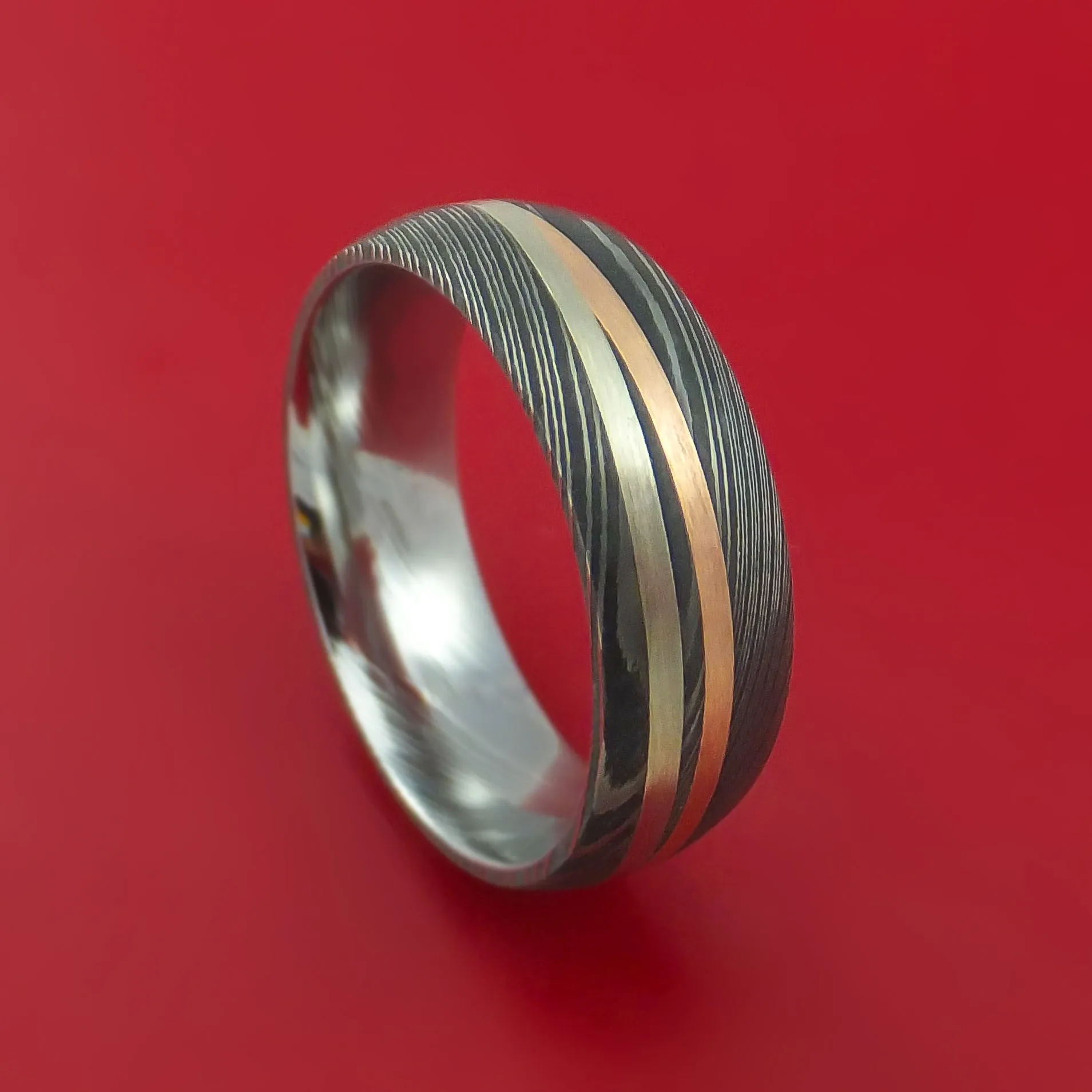 Damascus Steel Ring with 14k Rose Gold and 14k White Gold Inlays Custom Made Band