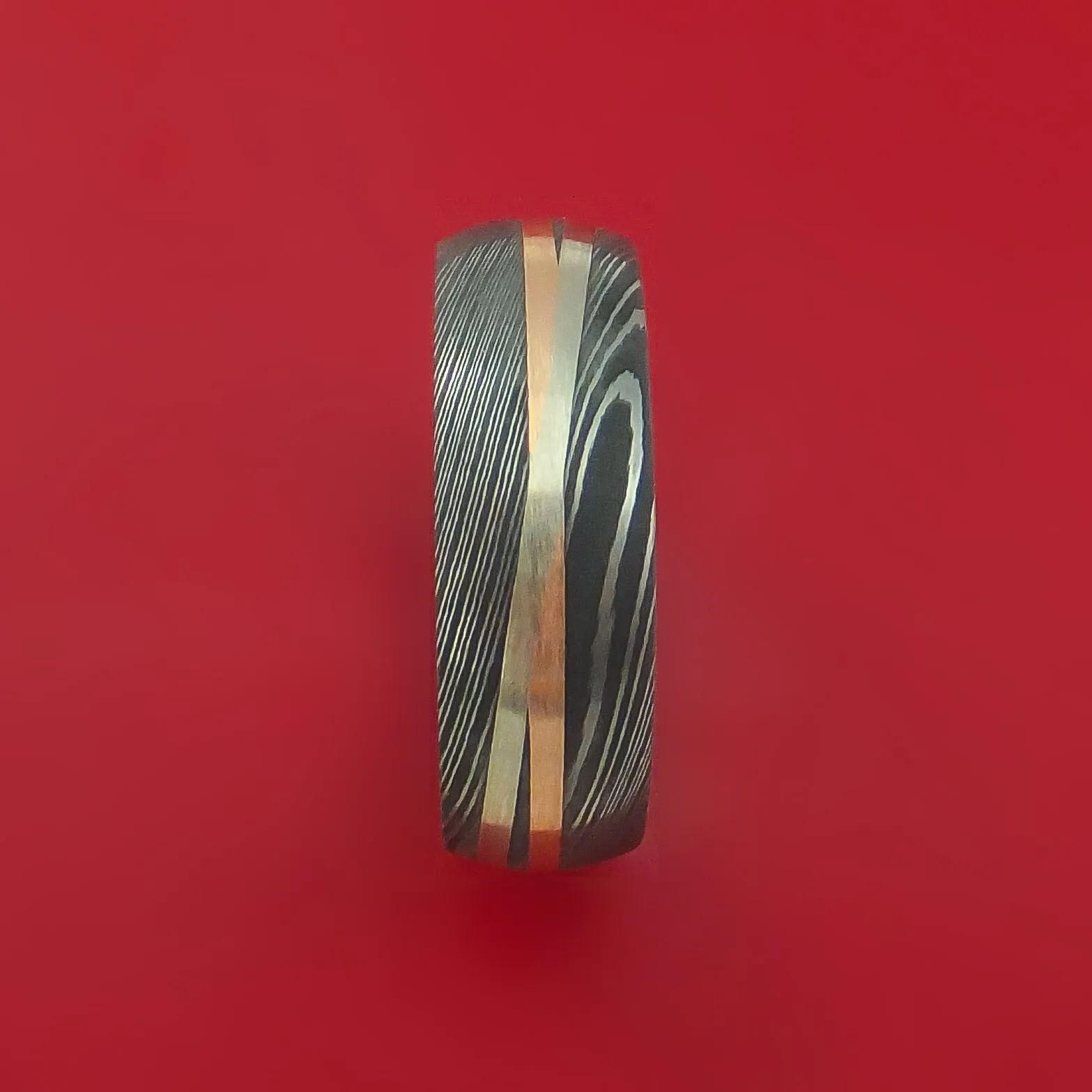 Damascus Steel Ring with 14k Rose Gold and 14k White Gold Inlays Custom Made Band