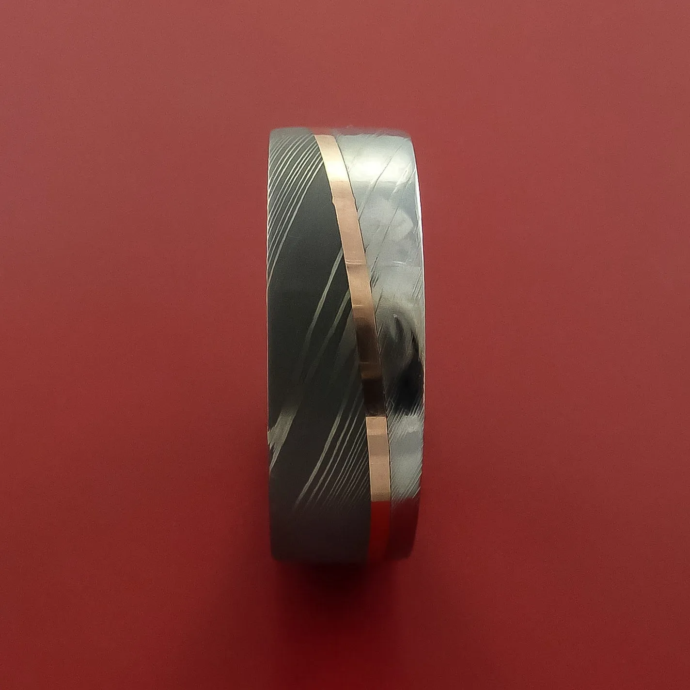 Damascus Steel Ring with 14k Rose Gold Inlay Custom Made Band