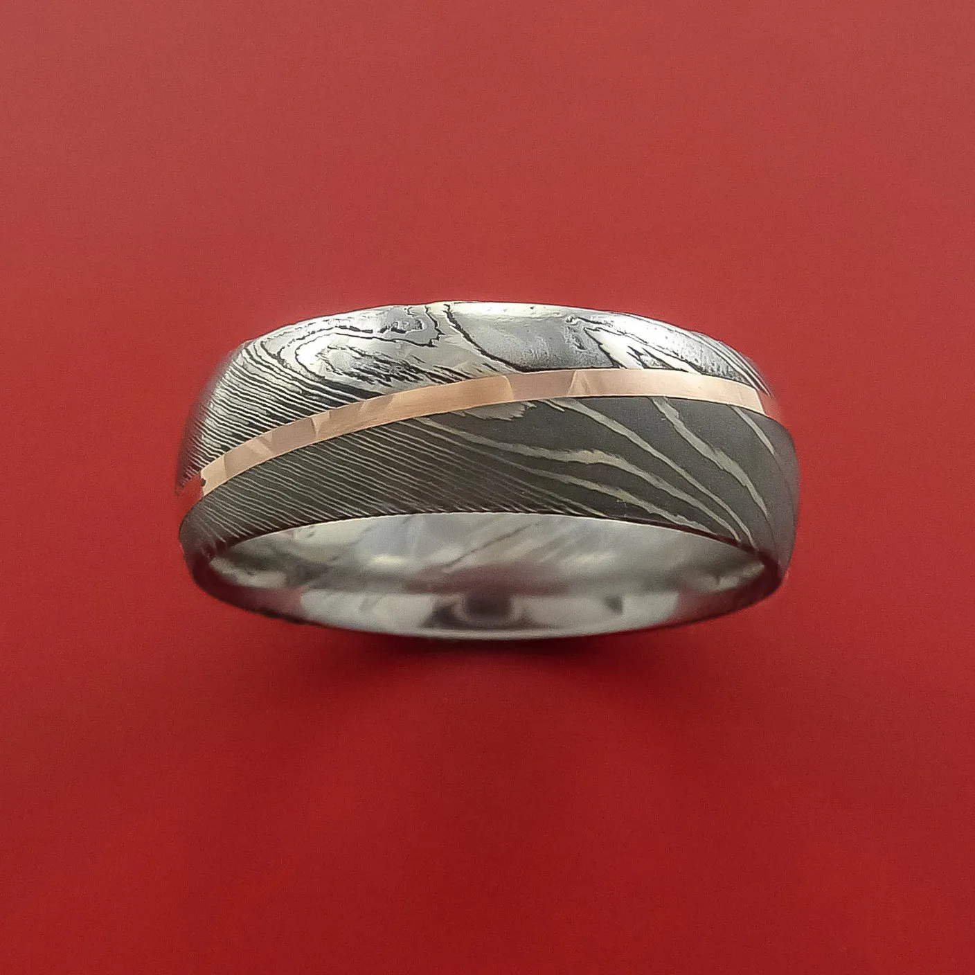 Damascus Steel Ring with 14k Rose Gold Inlay Custom Made Band