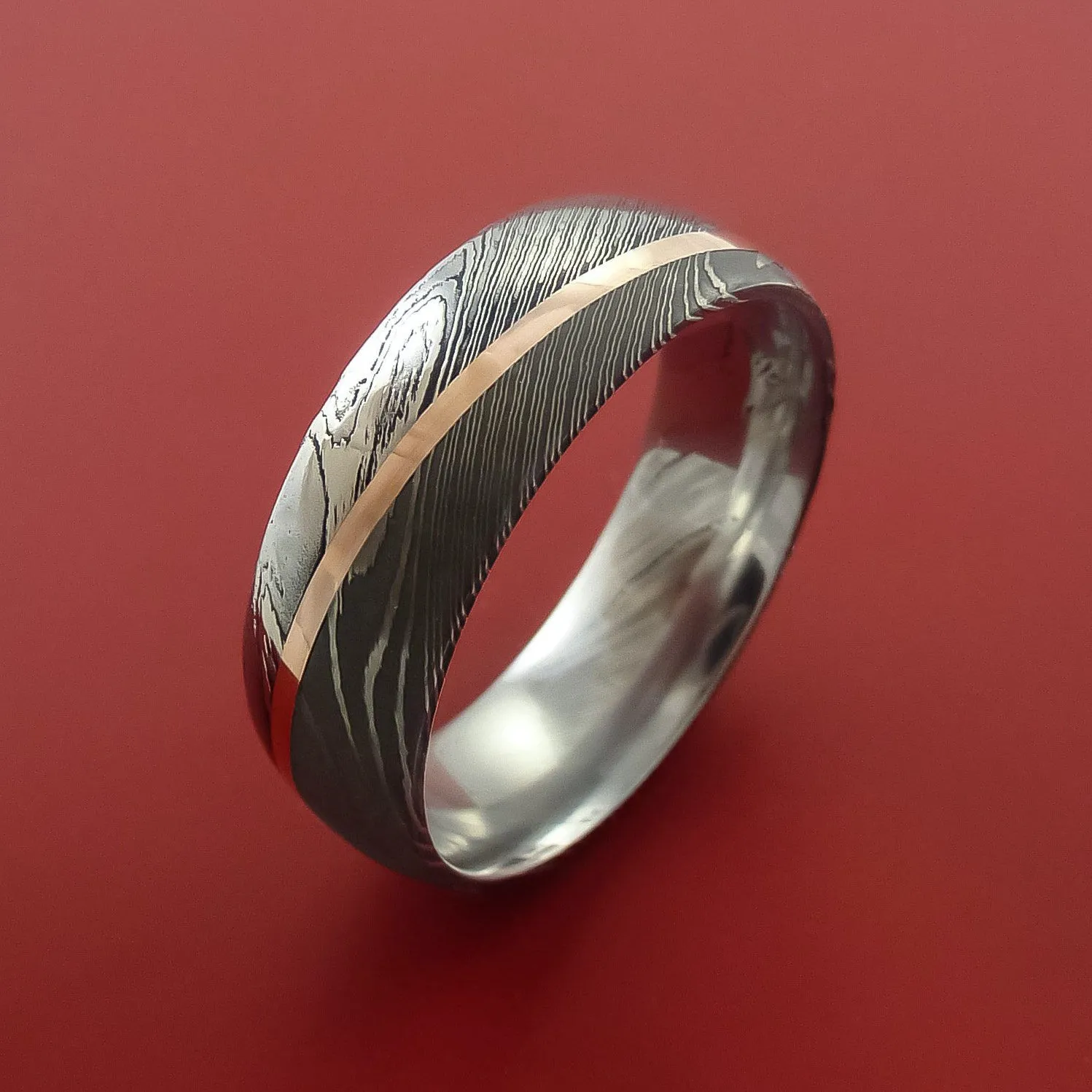 Damascus Steel Ring with 14k Rose Gold Inlay Custom Made Band