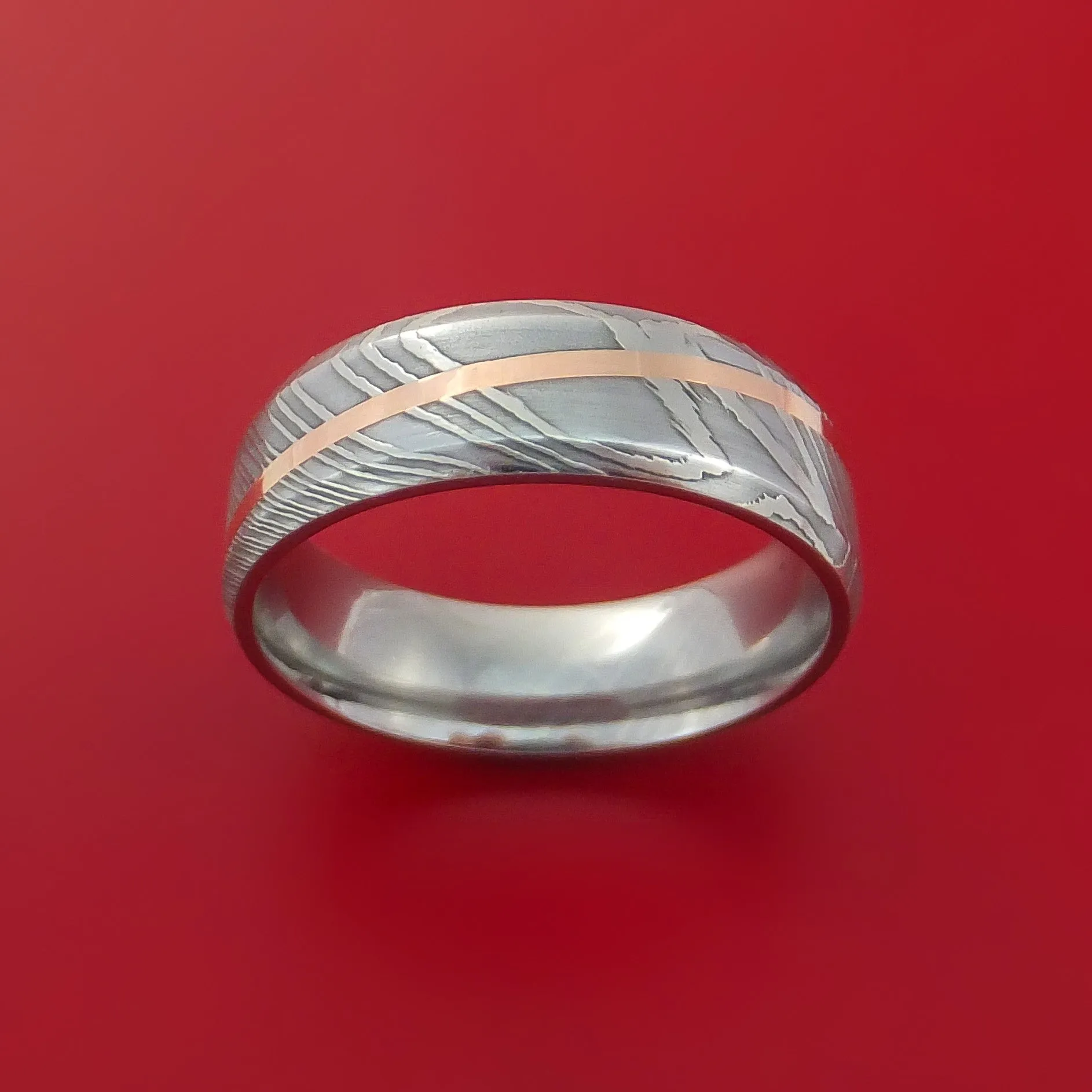 Damascus Steel Ring with 14k Rose Gold Inlay Custom Made Band