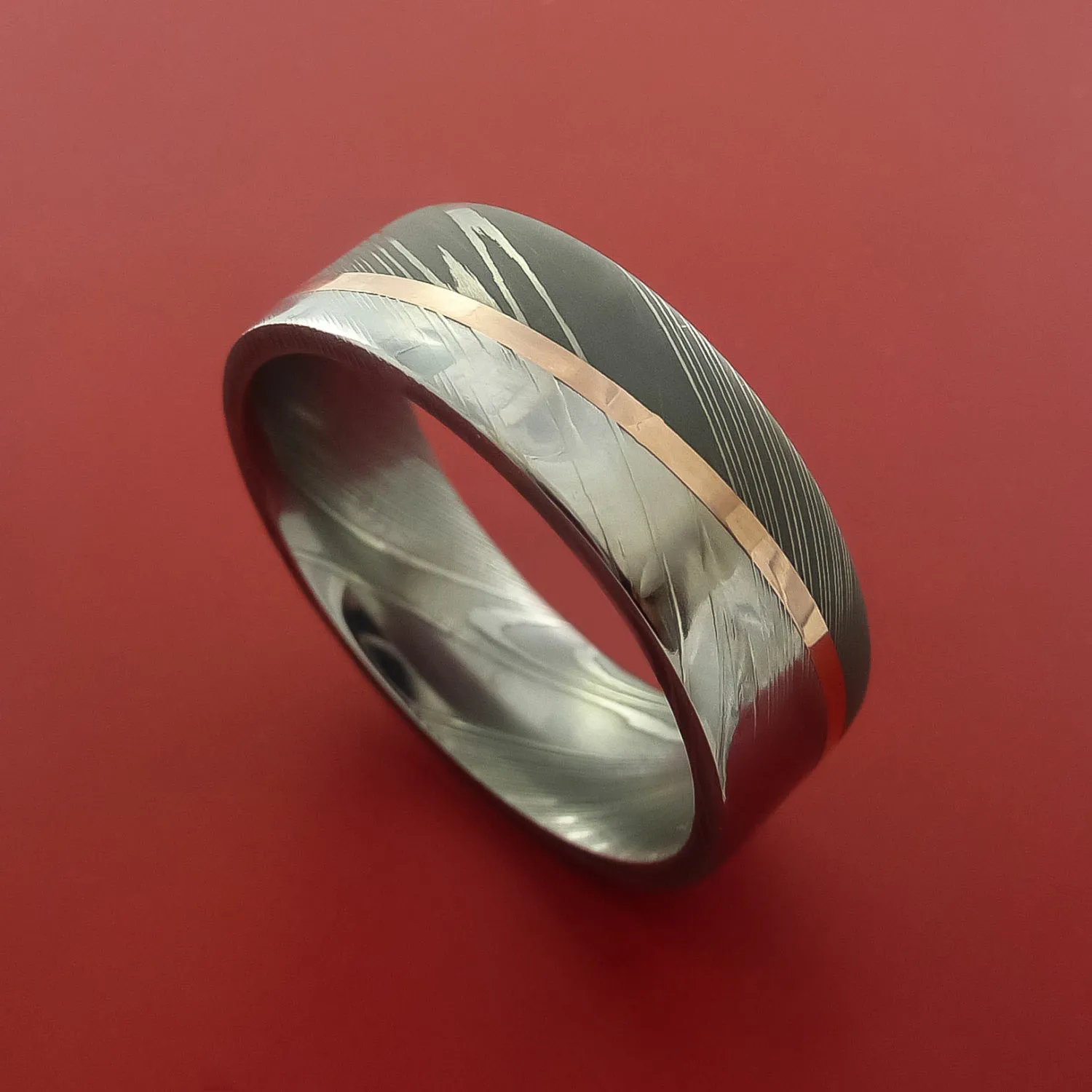 Damascus Steel Ring with 14k Rose Gold Inlay Custom Made Band