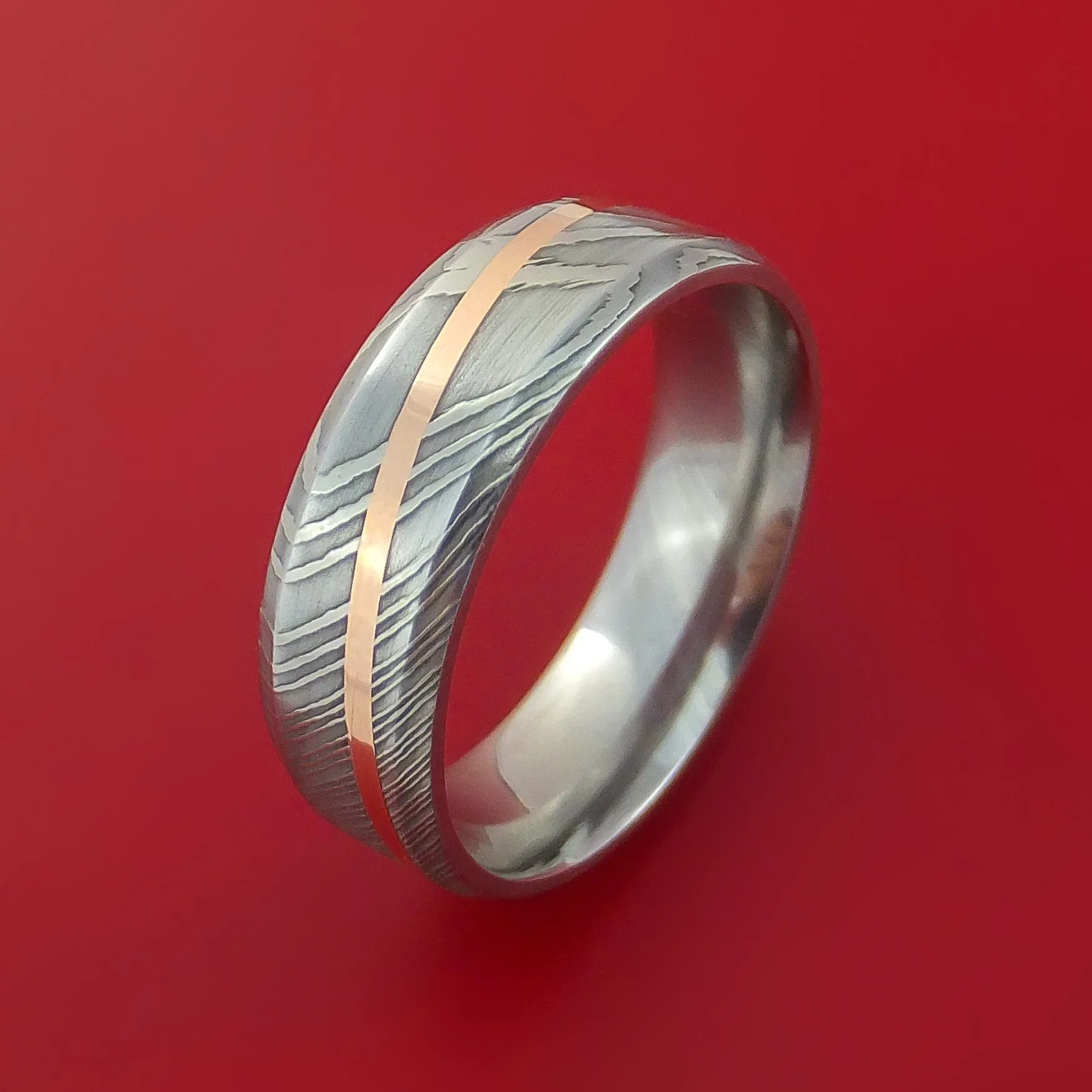 Damascus Steel Ring with 14k Rose Gold Inlay Custom Made Band
