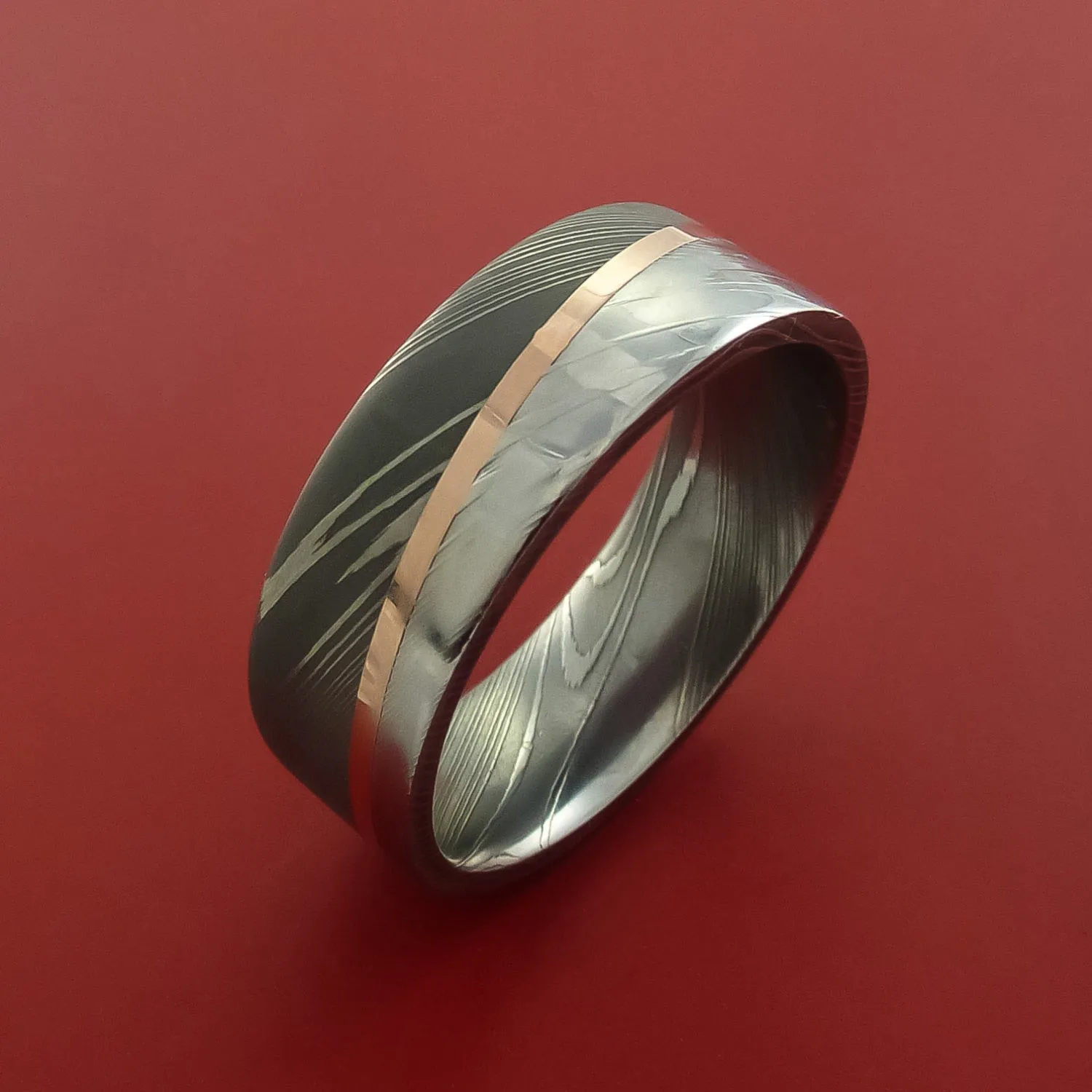 Damascus Steel Ring with 14k Rose Gold Inlay Custom Made Band