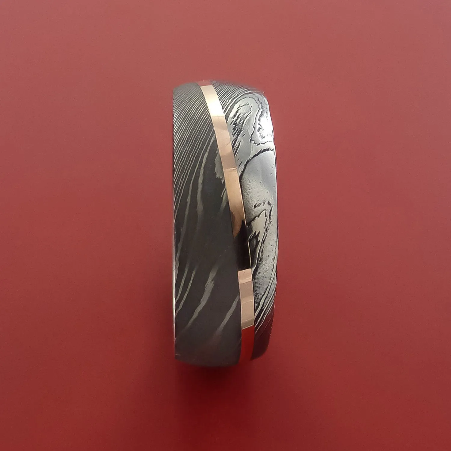 Damascus Steel Ring with 14k Rose Gold Inlay Custom Made Band