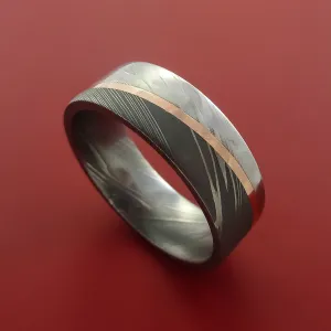 Damascus Steel Ring with 14k Rose Gold Inlay Custom Made Band