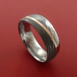 Damascus Steel Ring with 14k Rose Gold Inlay Custom Made Band